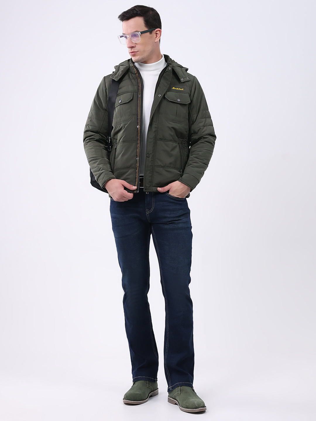 Men Olive Solid Hooded Full Sleeve Jacket