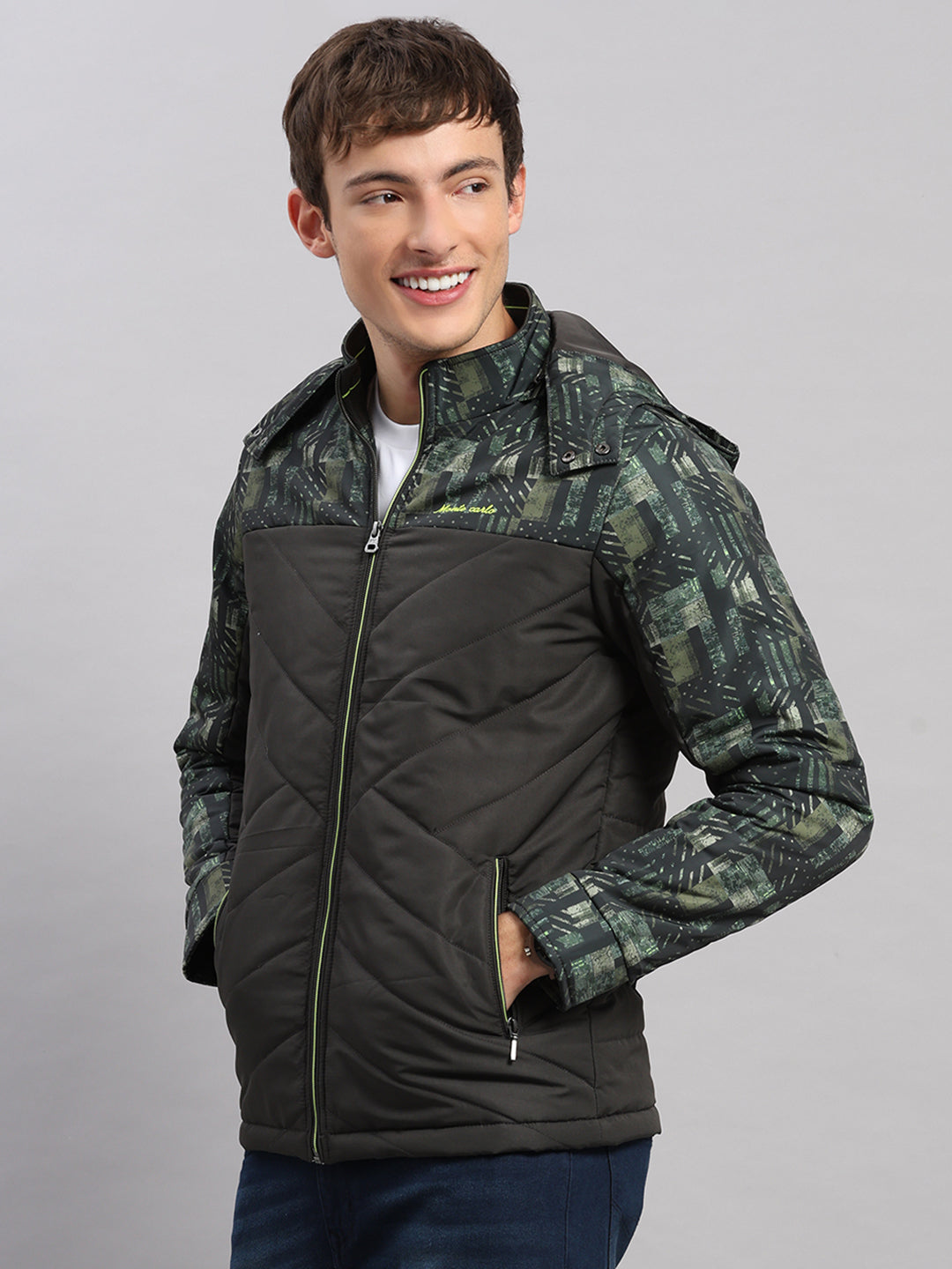 Men Olive Solid Hooded Full Sleeve Jacket