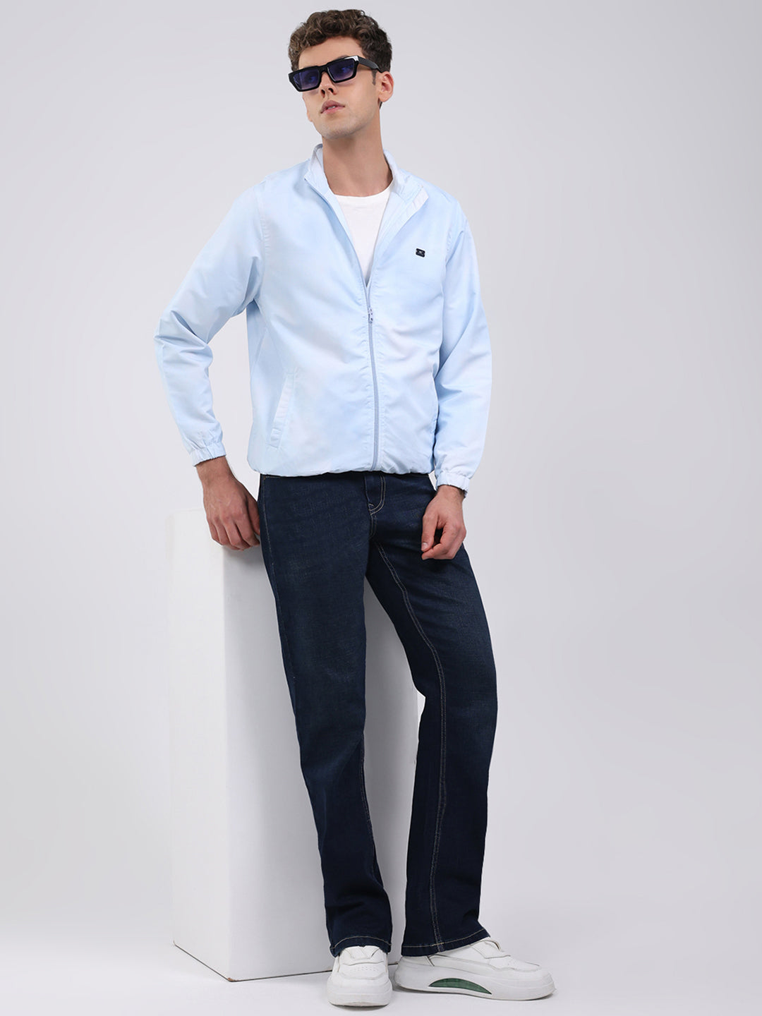 Men Sky Blue Solid Stand Collar Full Sleeve Jacket