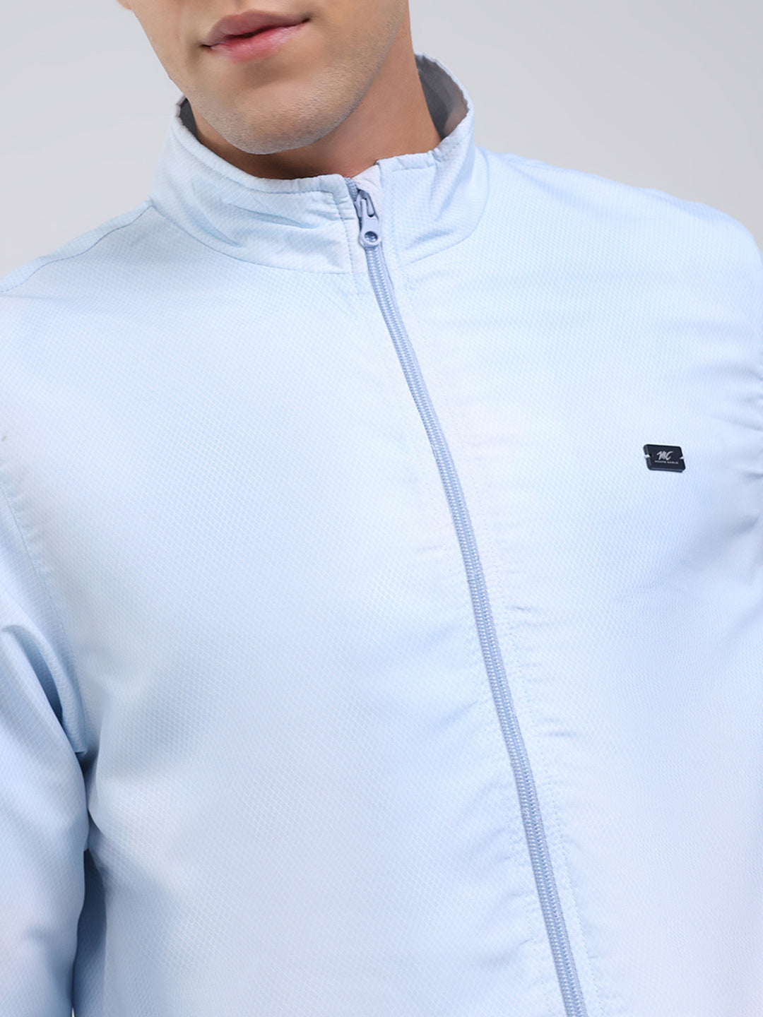 Men Sky Blue Solid Stand Collar Full Sleeve Jacket