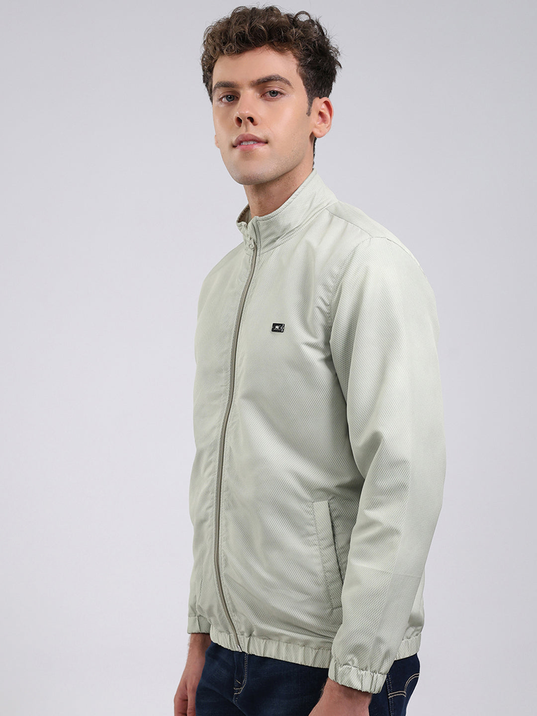 Men Green Solid Stand Collar Full Sleeve Jacket