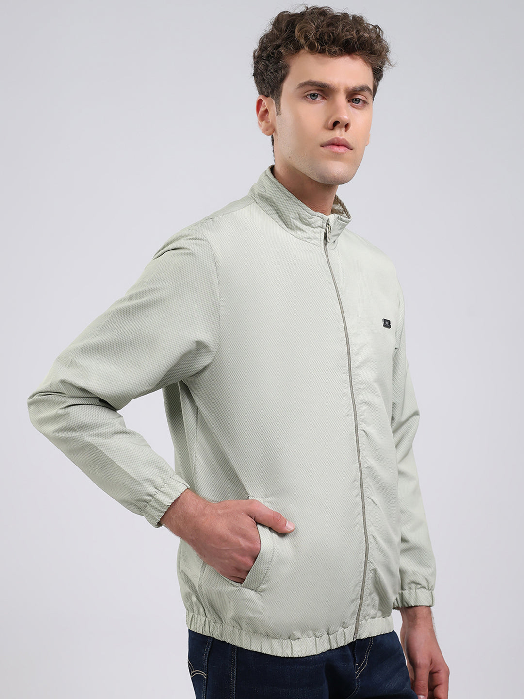 Men Green Solid Stand Collar Full Sleeve Jacket