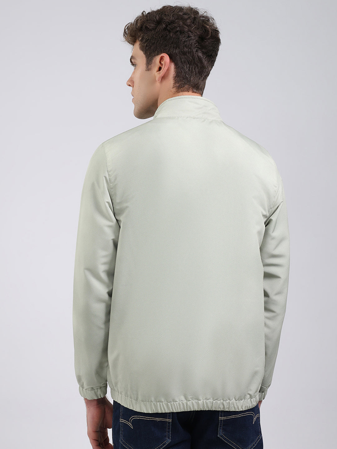Men Green Solid Stand Collar Full Sleeve Jacket