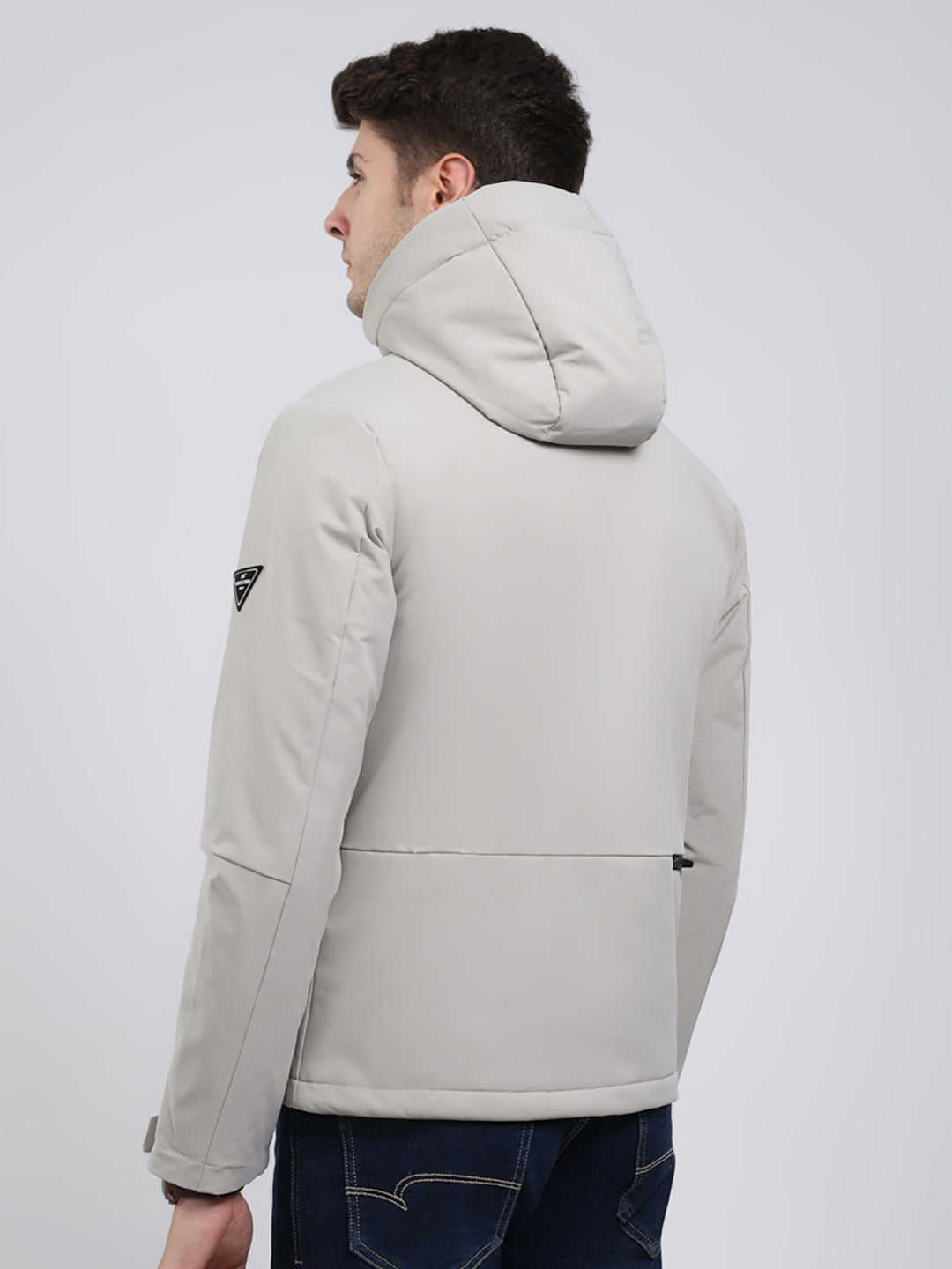 Men Cream Solid Hooded Full Sleeve Jacket