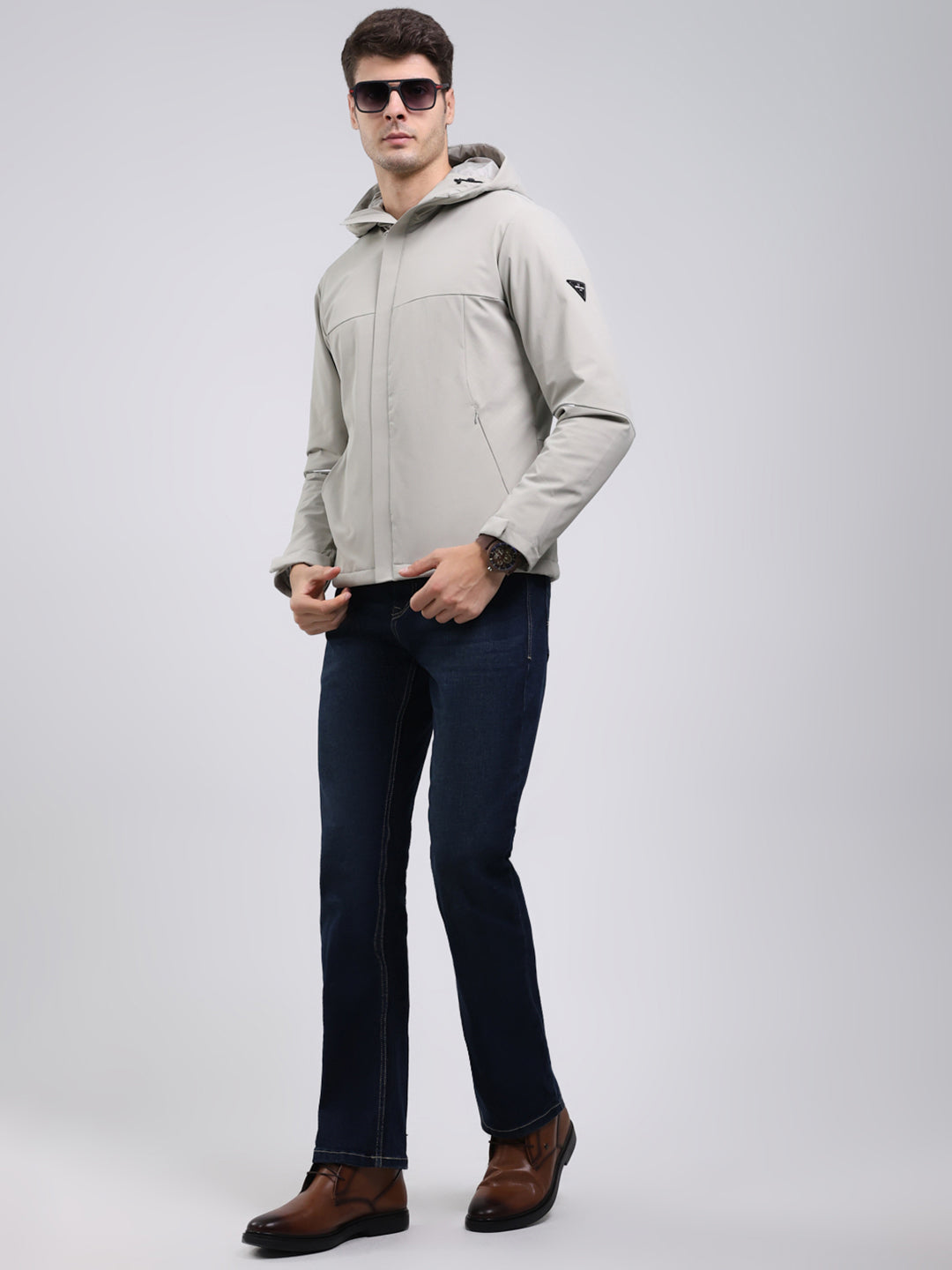 Men Cream Solid Hooded Full Sleeve Jacket