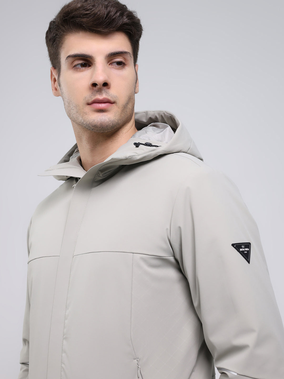 Men Cream Solid Hooded Full Sleeve Jacket