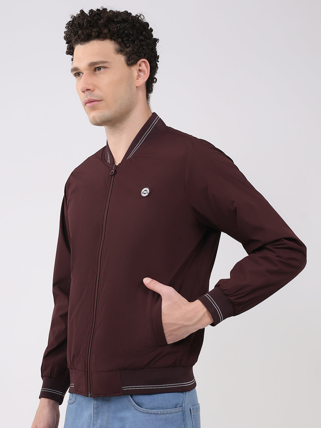 Men Burgundy Solid Collar Full Sleeve Jacket