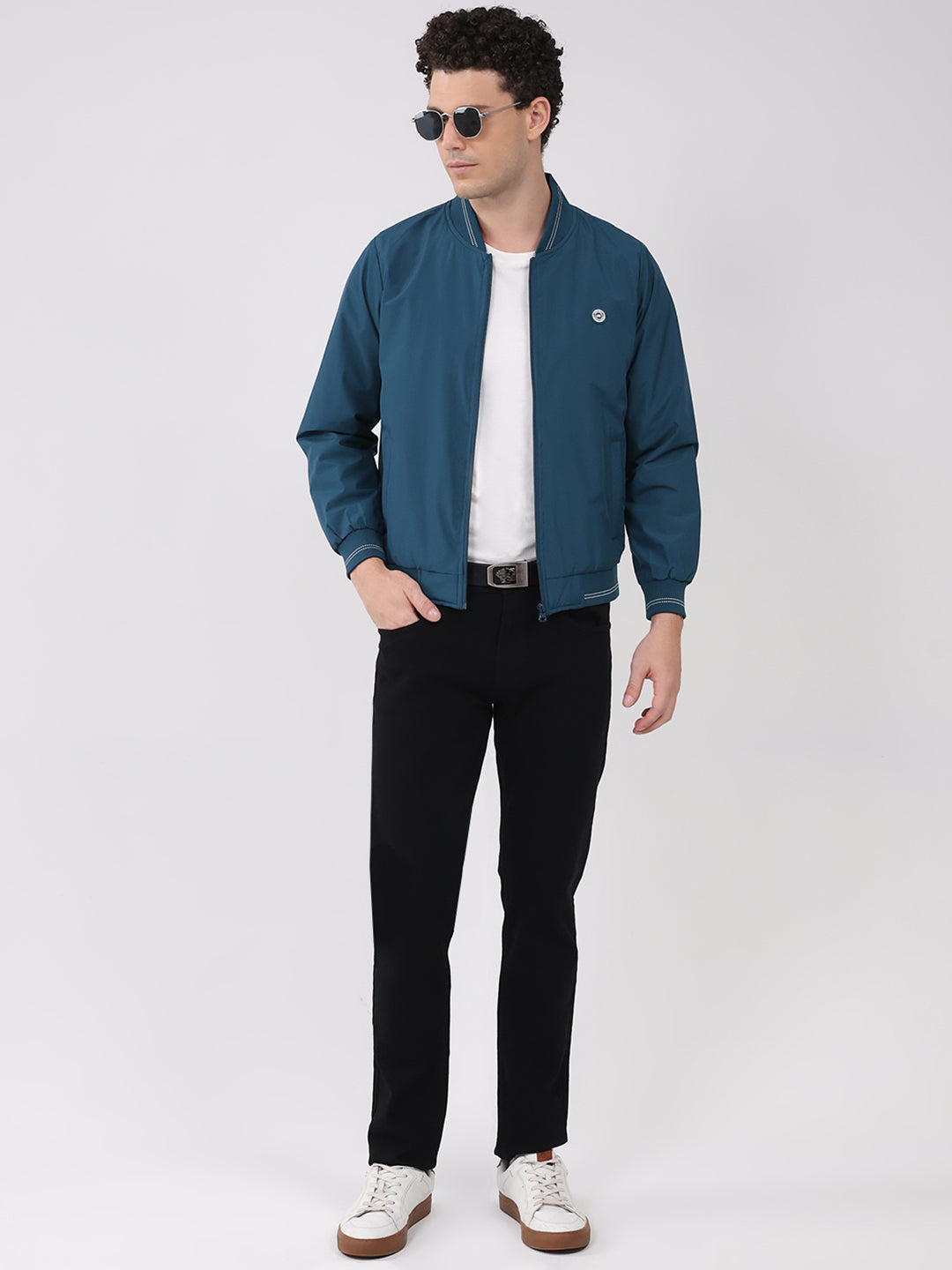 Men Teal Blue Solid Collar Full Sleeve Jacket