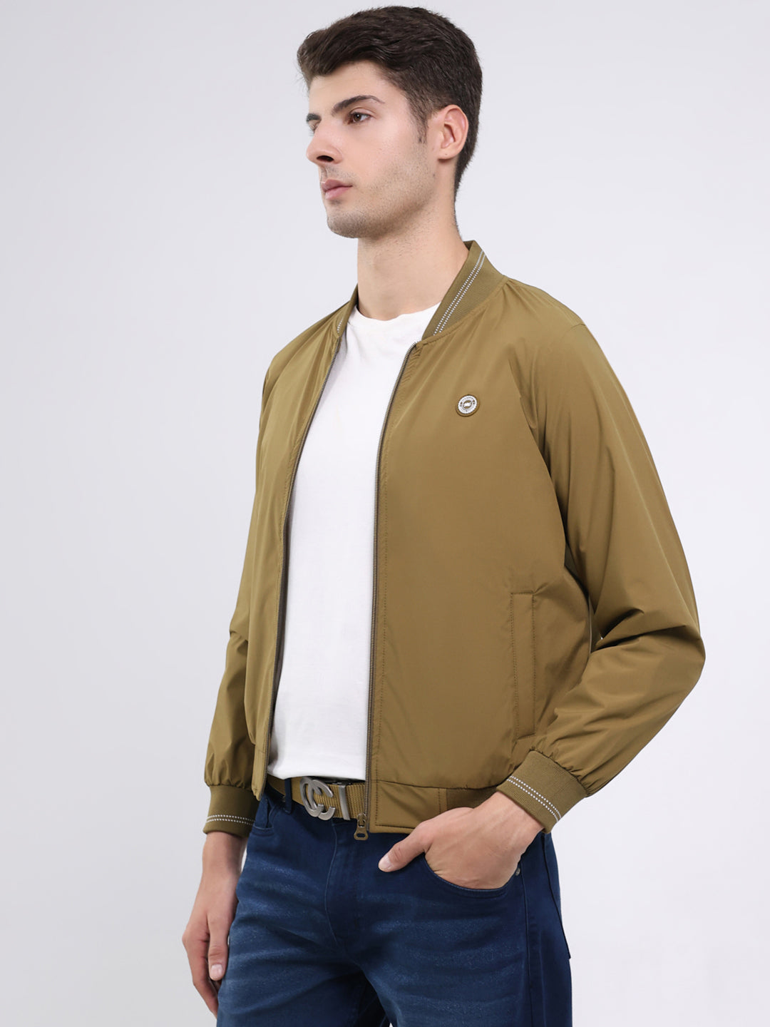 Men Mustard Solid Band Neck Full Sleeve Jacket