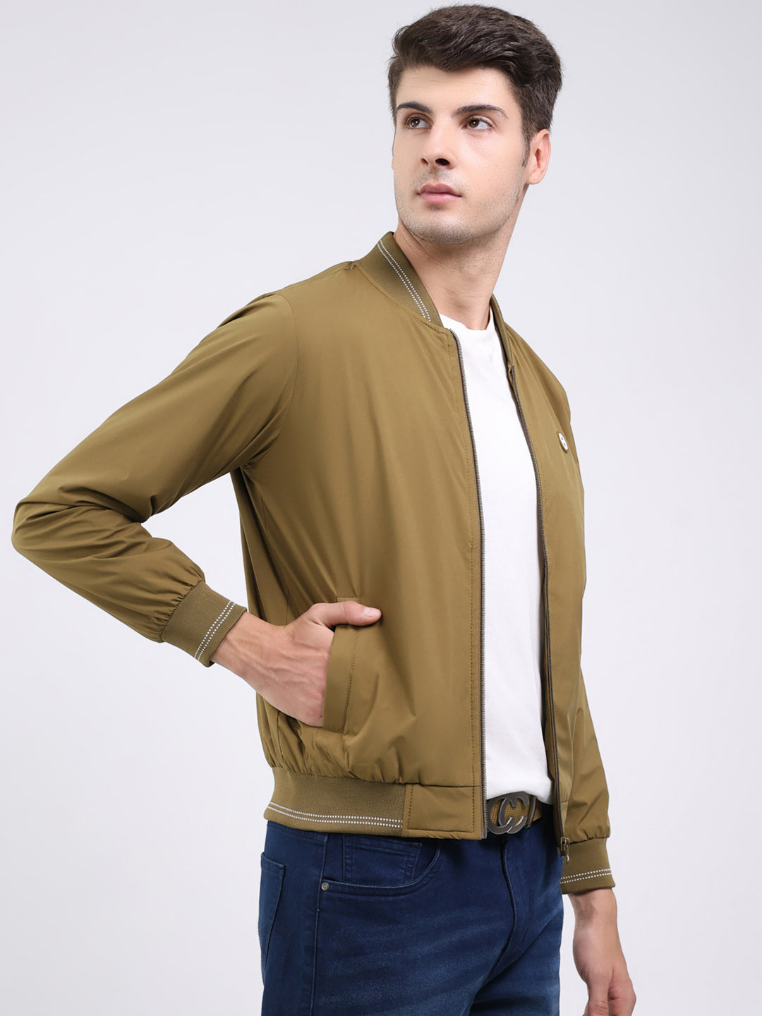 Men Mustard Solid Band Neck Full Sleeve Jacket