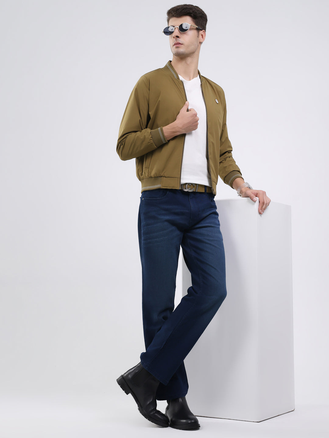 Men Mustard Solid Band Neck Full Sleeve Jacket