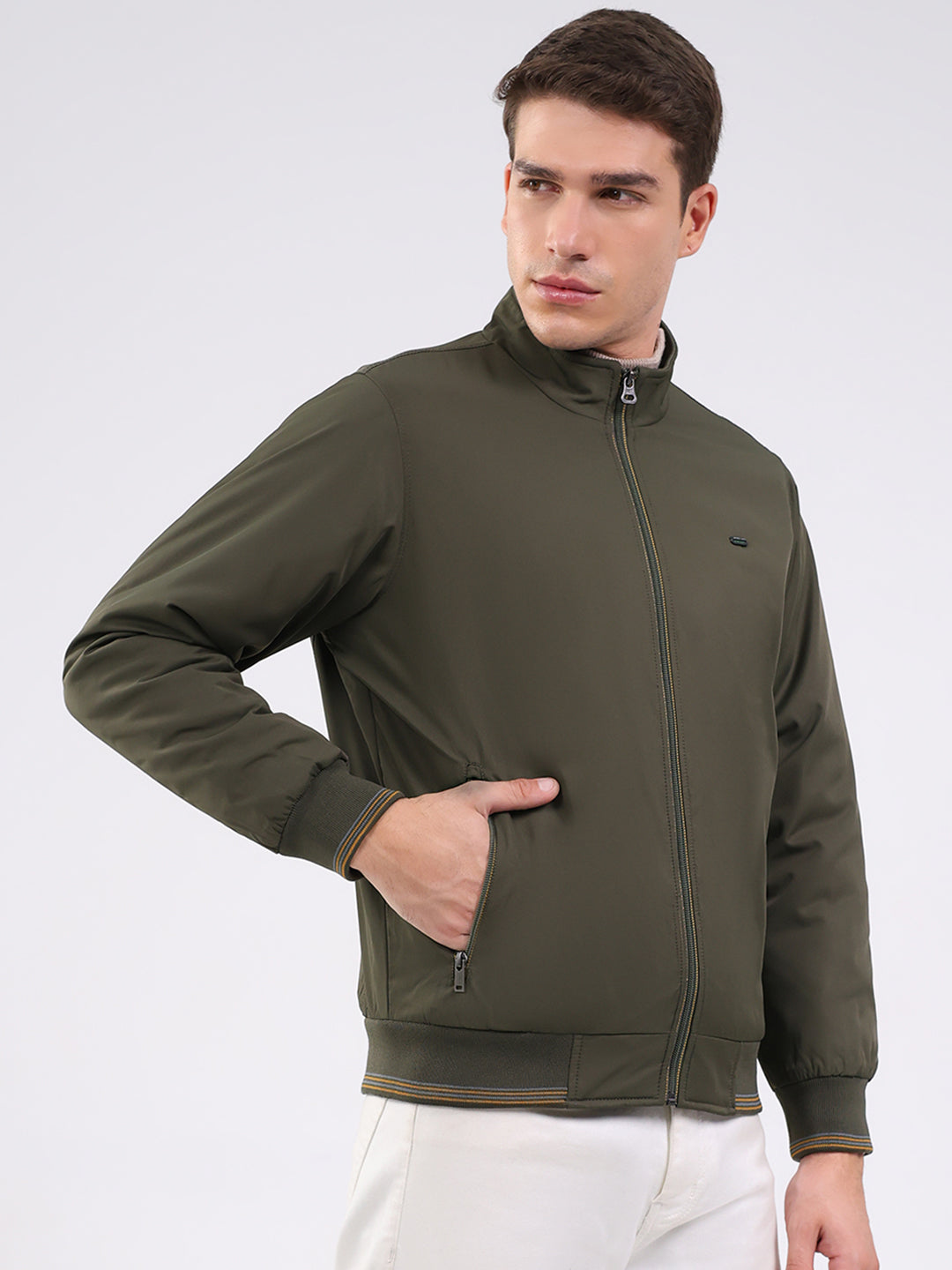Men Olive Solid Mock Neck Full Sleeve Jacket