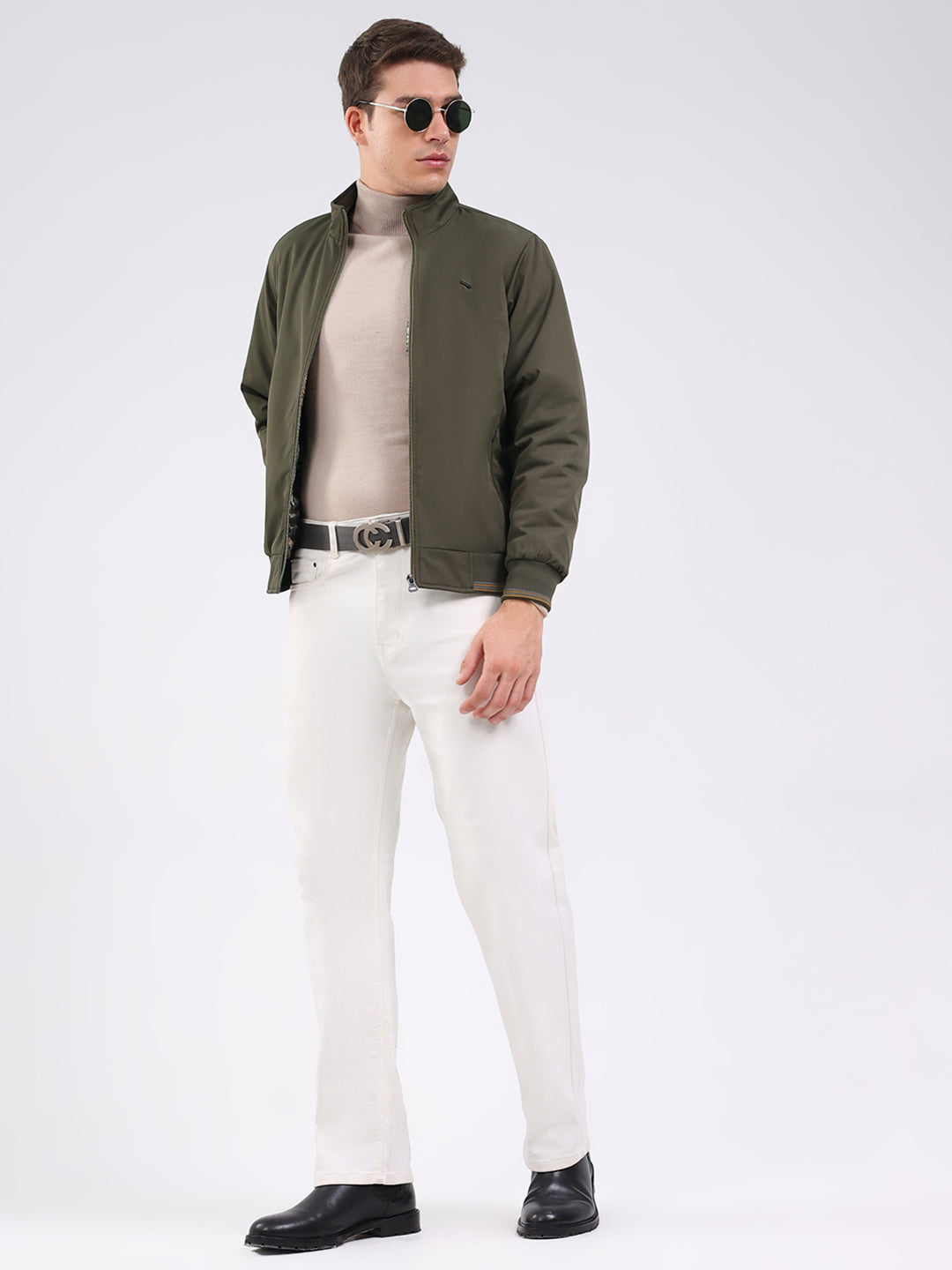 Men Olive Solid Mock Neck Full Sleeve Jacket