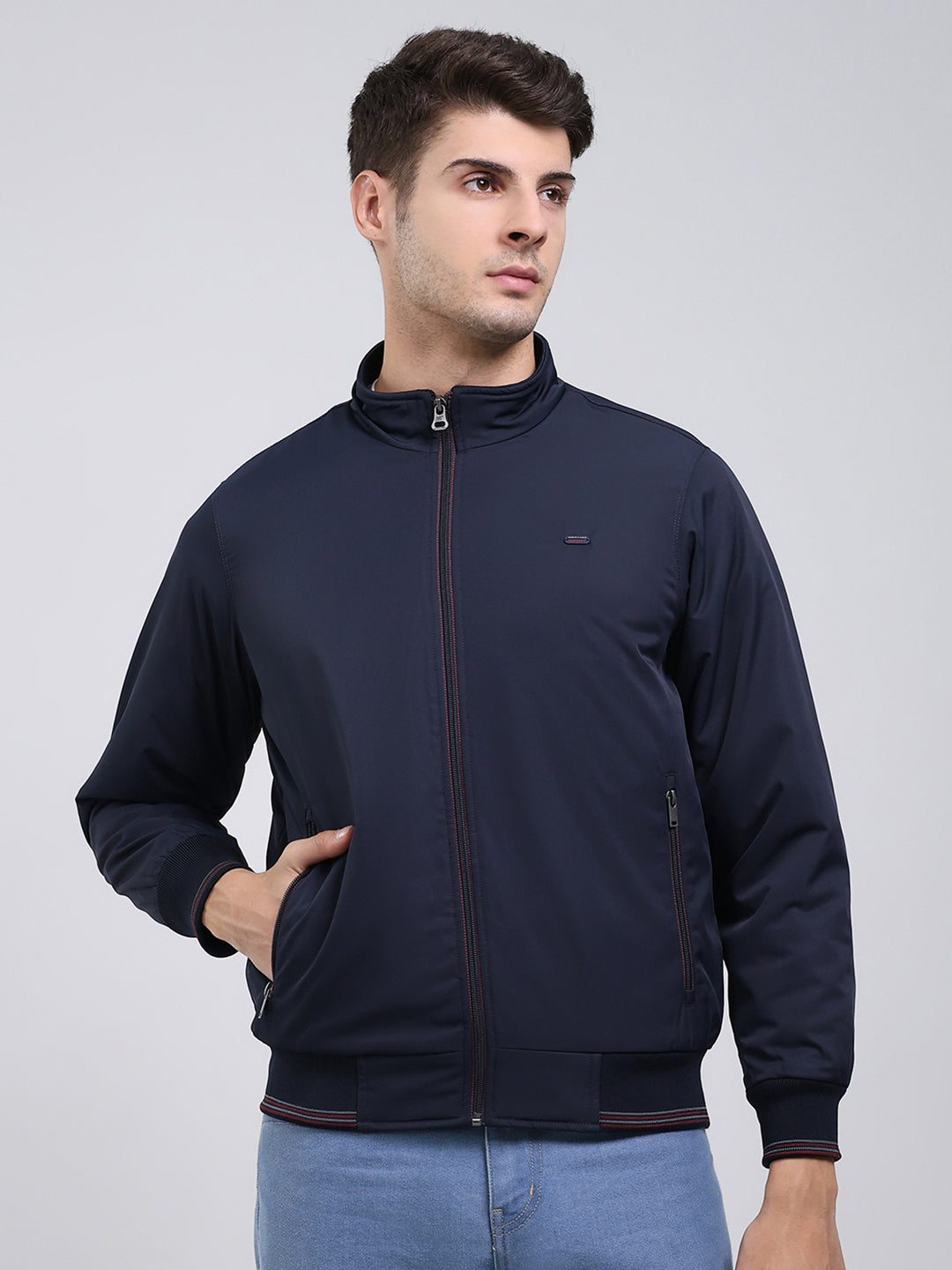 Men Navy Blue Solid Mock Neck Full Sleeve Jacket