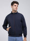 Men Navy Blue Solid Mock Neck Full Sleeve Jacket
