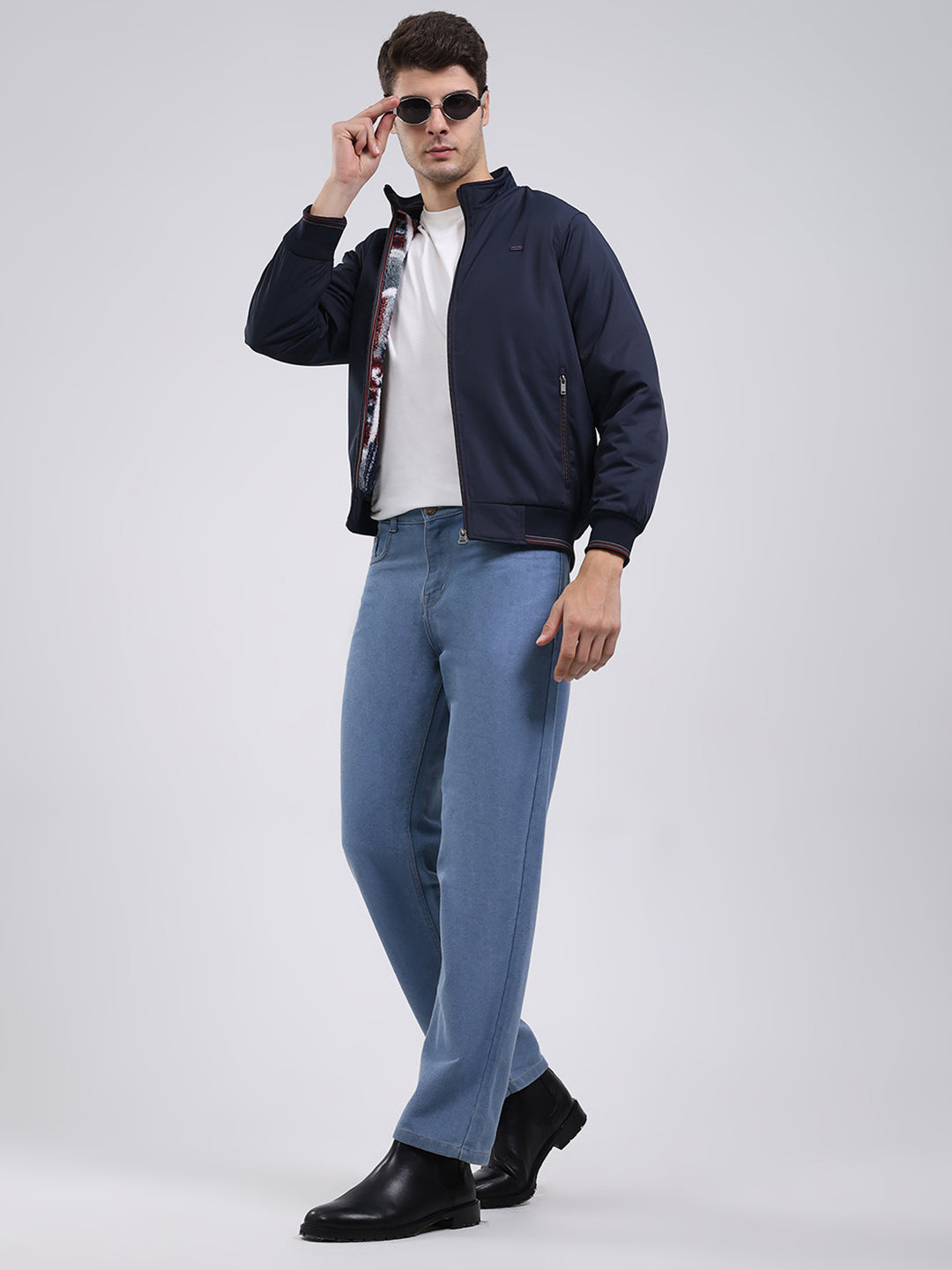 Men Navy Blue Solid Mock Neck Full Sleeve Jacket