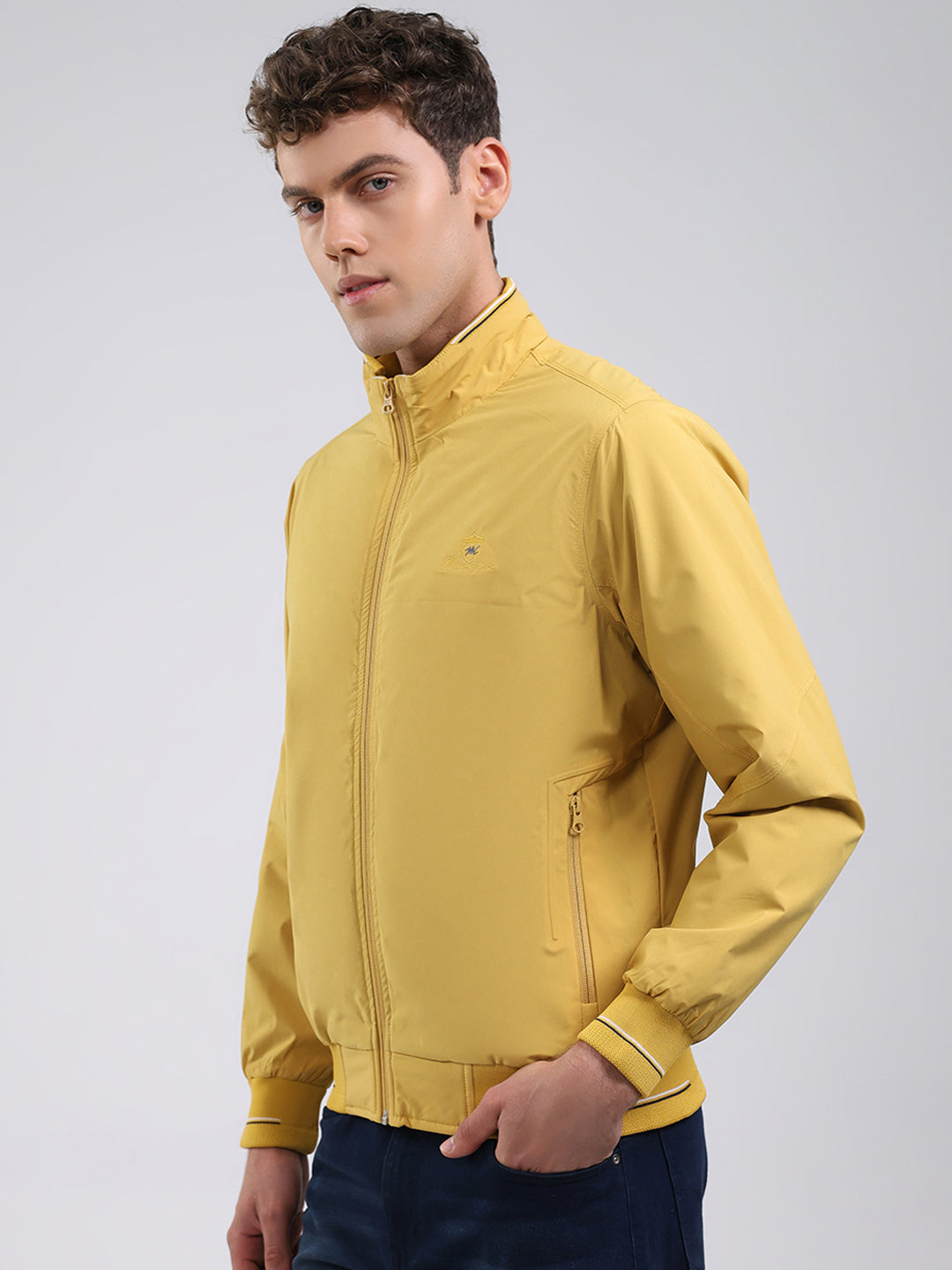 Men Yellow Solid Stand Collar Full Sleeve Jacket