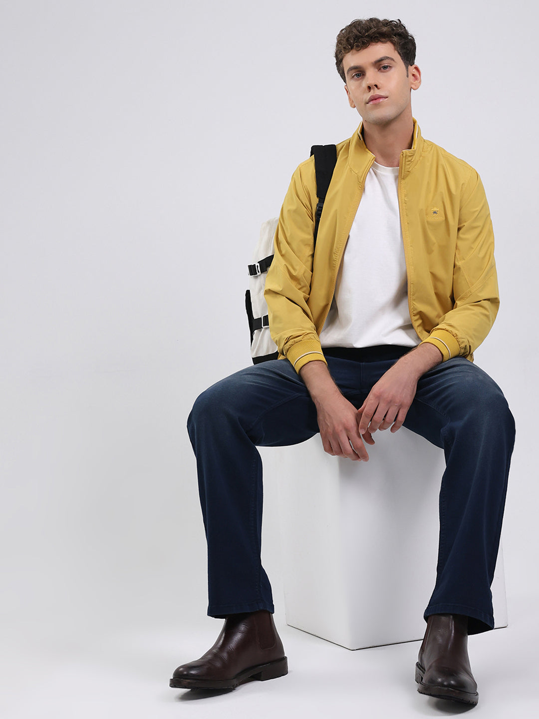 Men Yellow Solid Stand Collar Full Sleeve Jacket