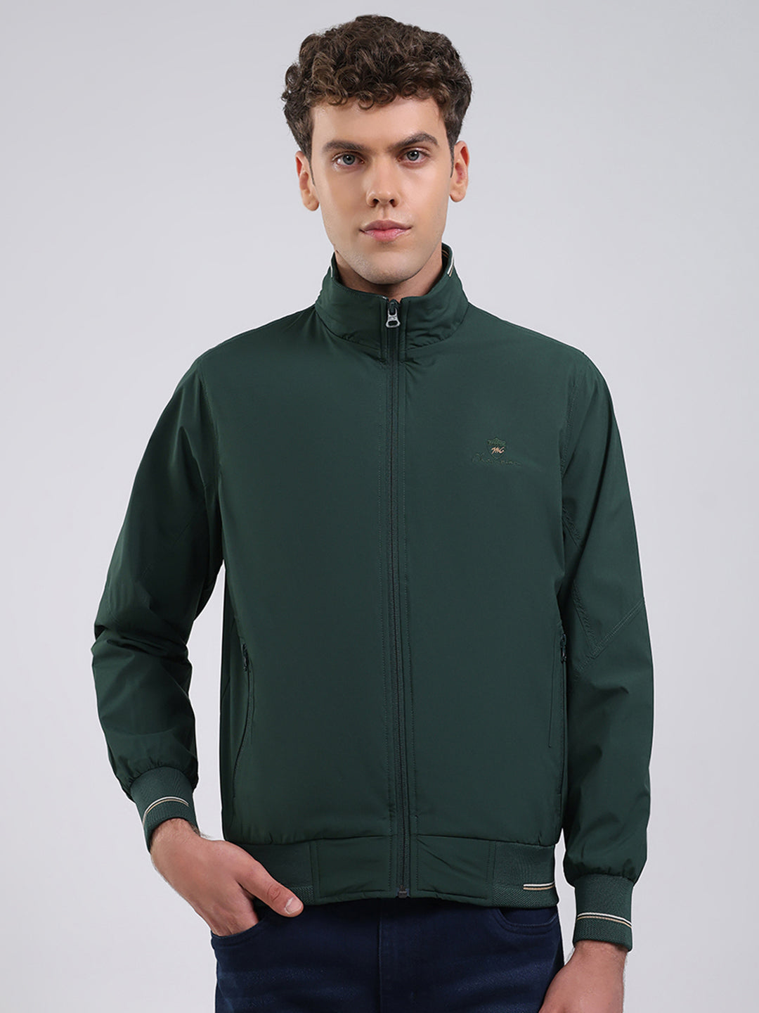 Men Green Solid Stand Collar Full Sleeve Jacket