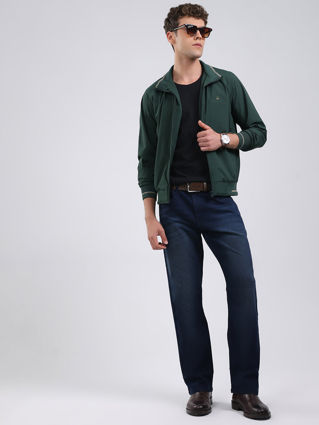 Men Green Solid Stand Collar Full Sleeve Jacket