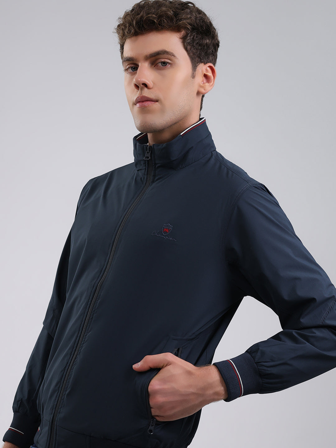 Men Navy Blue Solid Stand Collar Full Sleeve Jacket