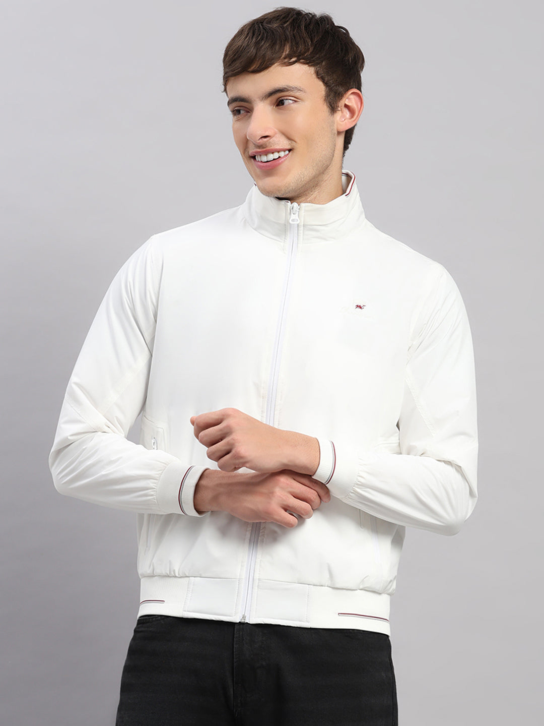 Men White Solid Stand Collar Full Sleeve Jacket