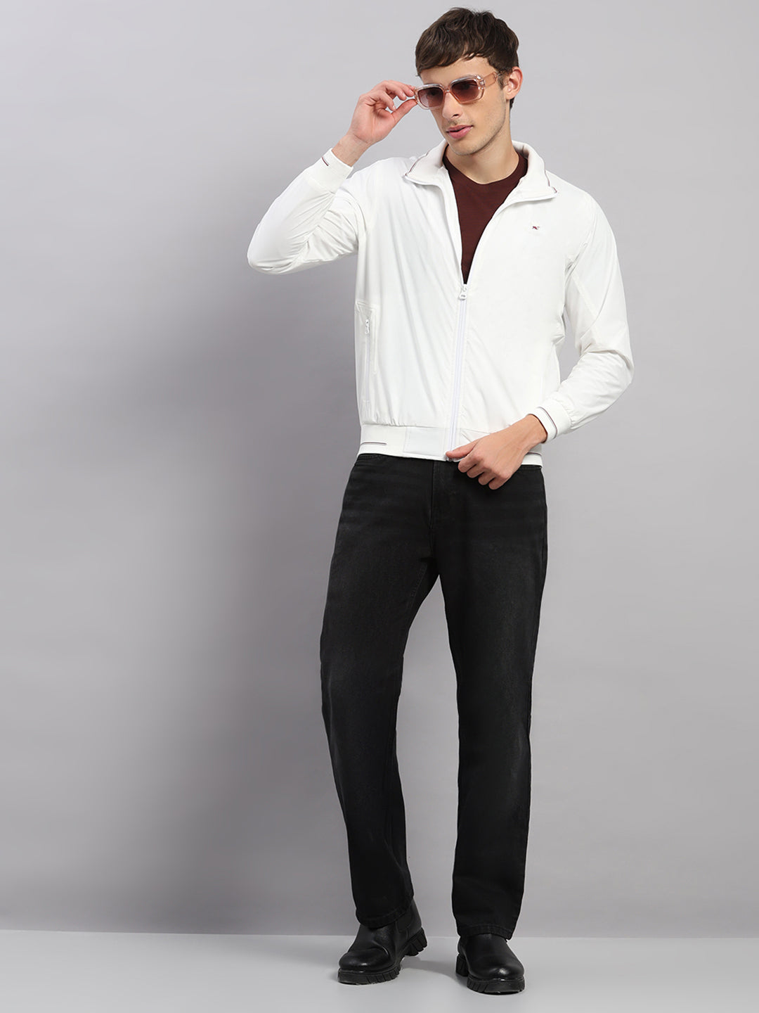 Men White Solid Stand Collar Full Sleeve Jacket