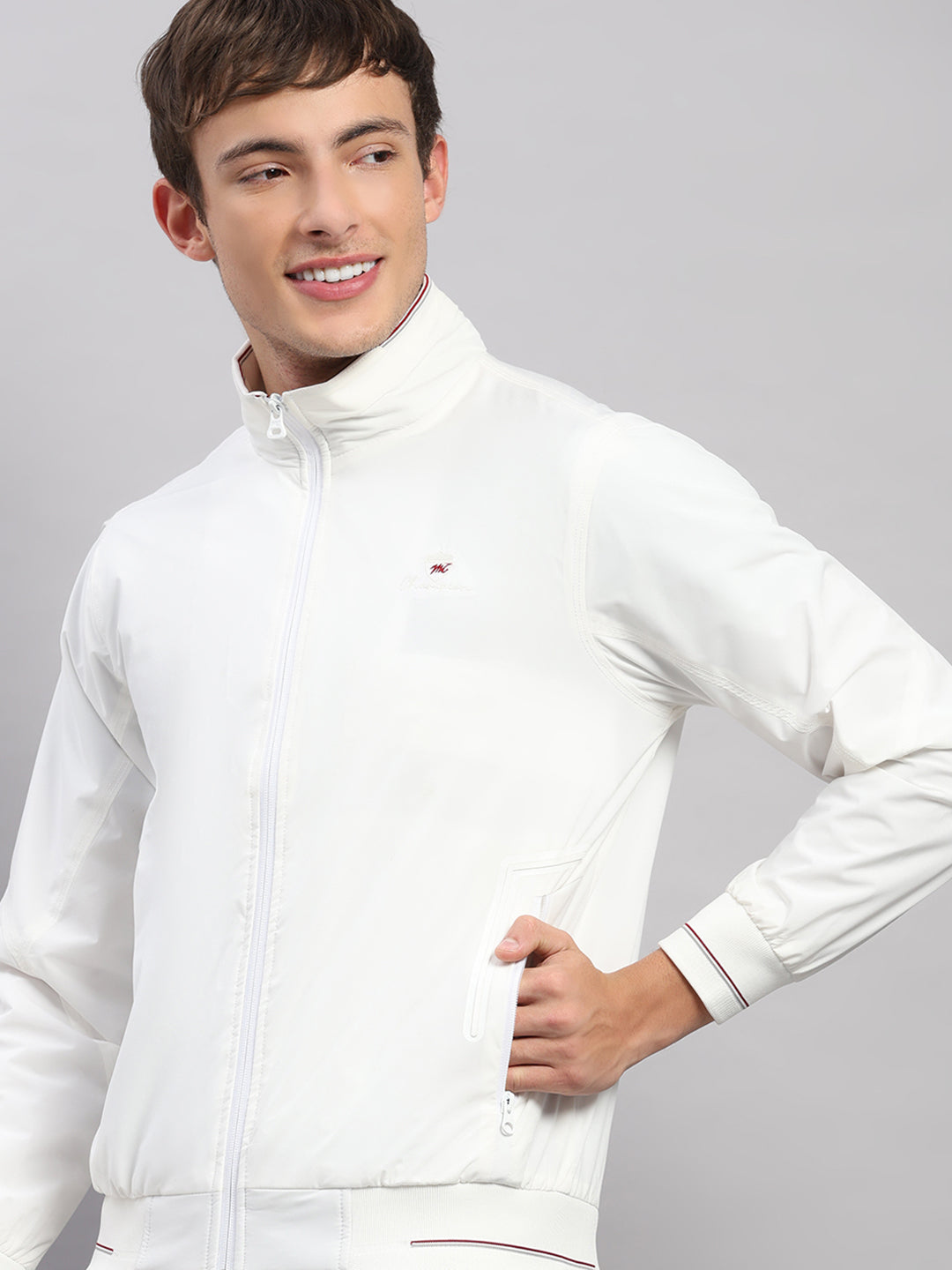Men White Solid Stand Collar Full Sleeve Jacket