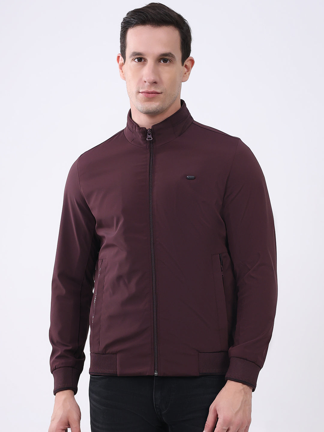 Men Burgundy Solid Mock Neck Full Sleeve Jacket
