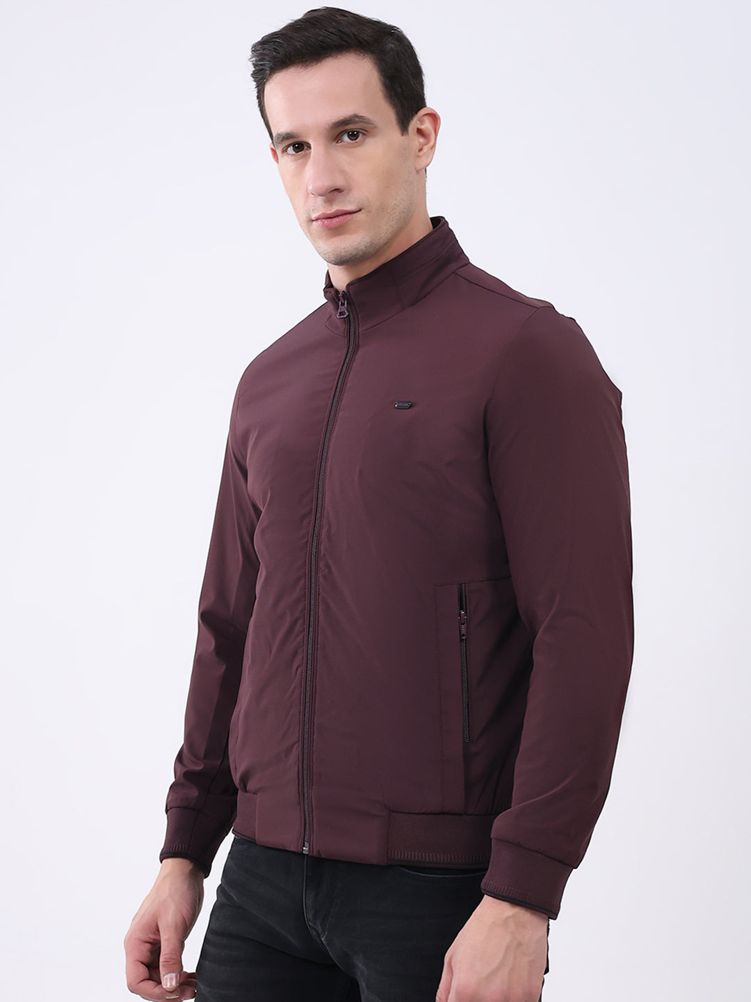 Men Burgundy Solid Mock Neck Full Sleeve Jacket