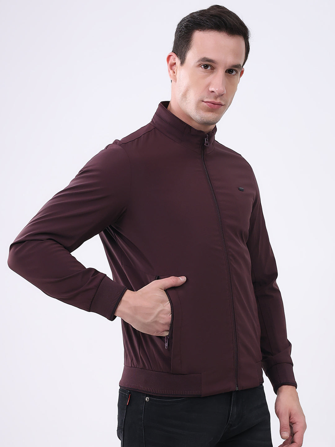 Men Burgundy Solid Mock Neck Full Sleeve Jacket