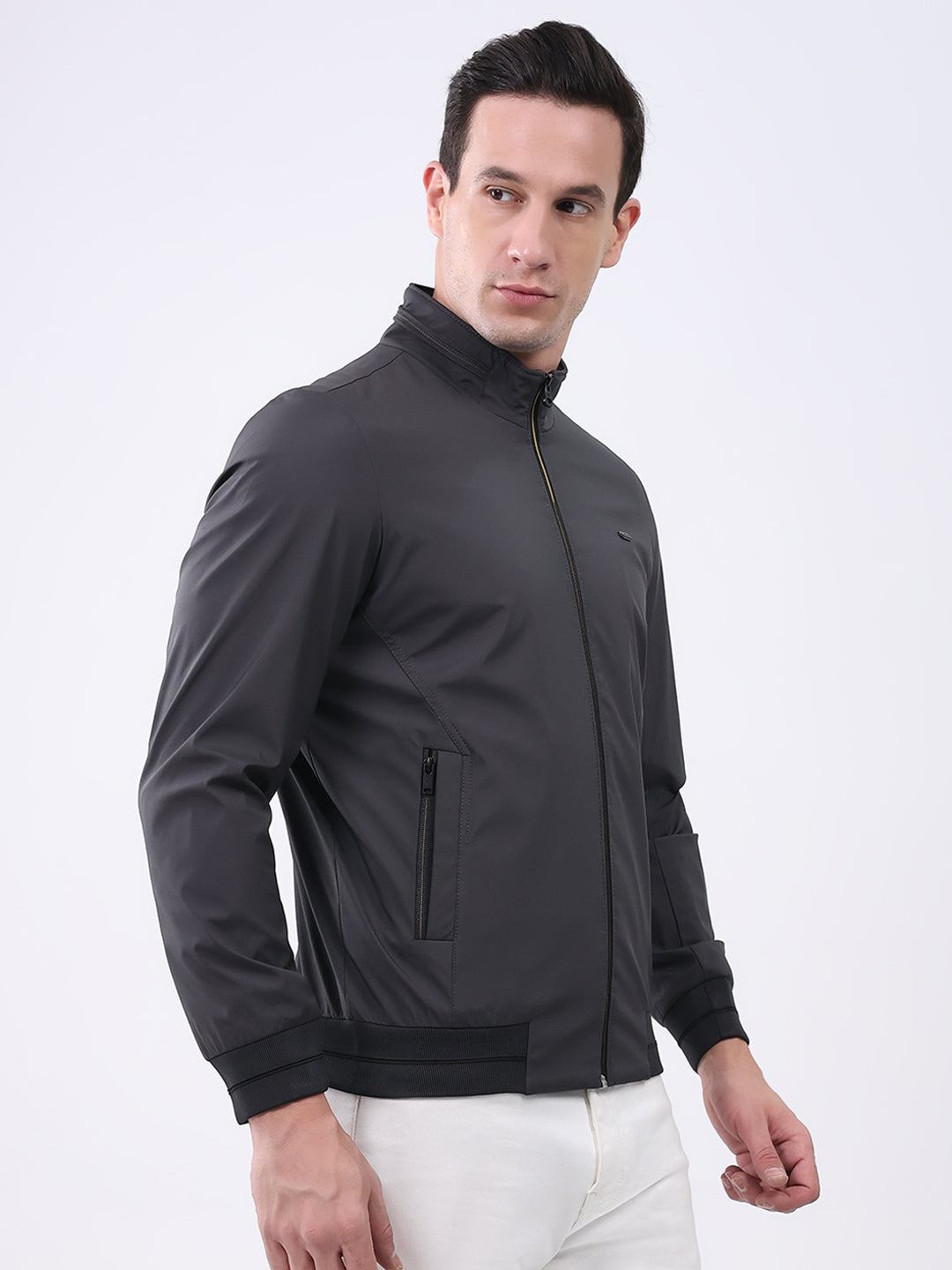 Men Charcoal Solid Mock Neck Full Sleeve Jacket