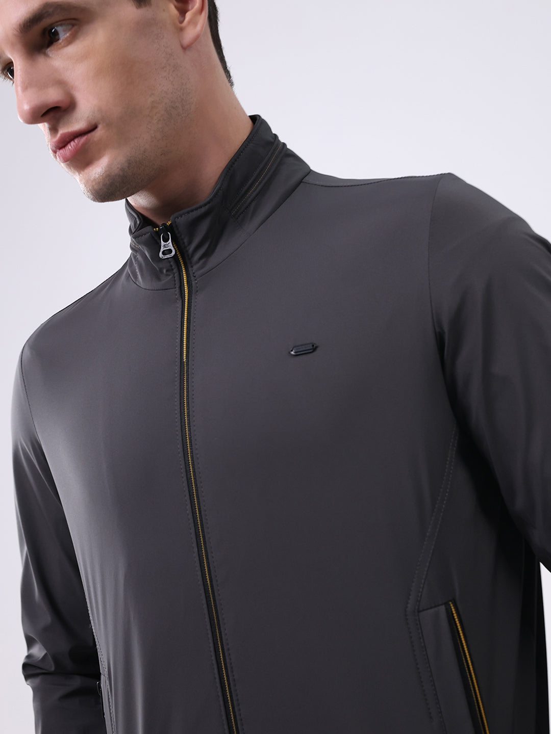 Men Charcoal Solid Mock Neck Full Sleeve Jacket