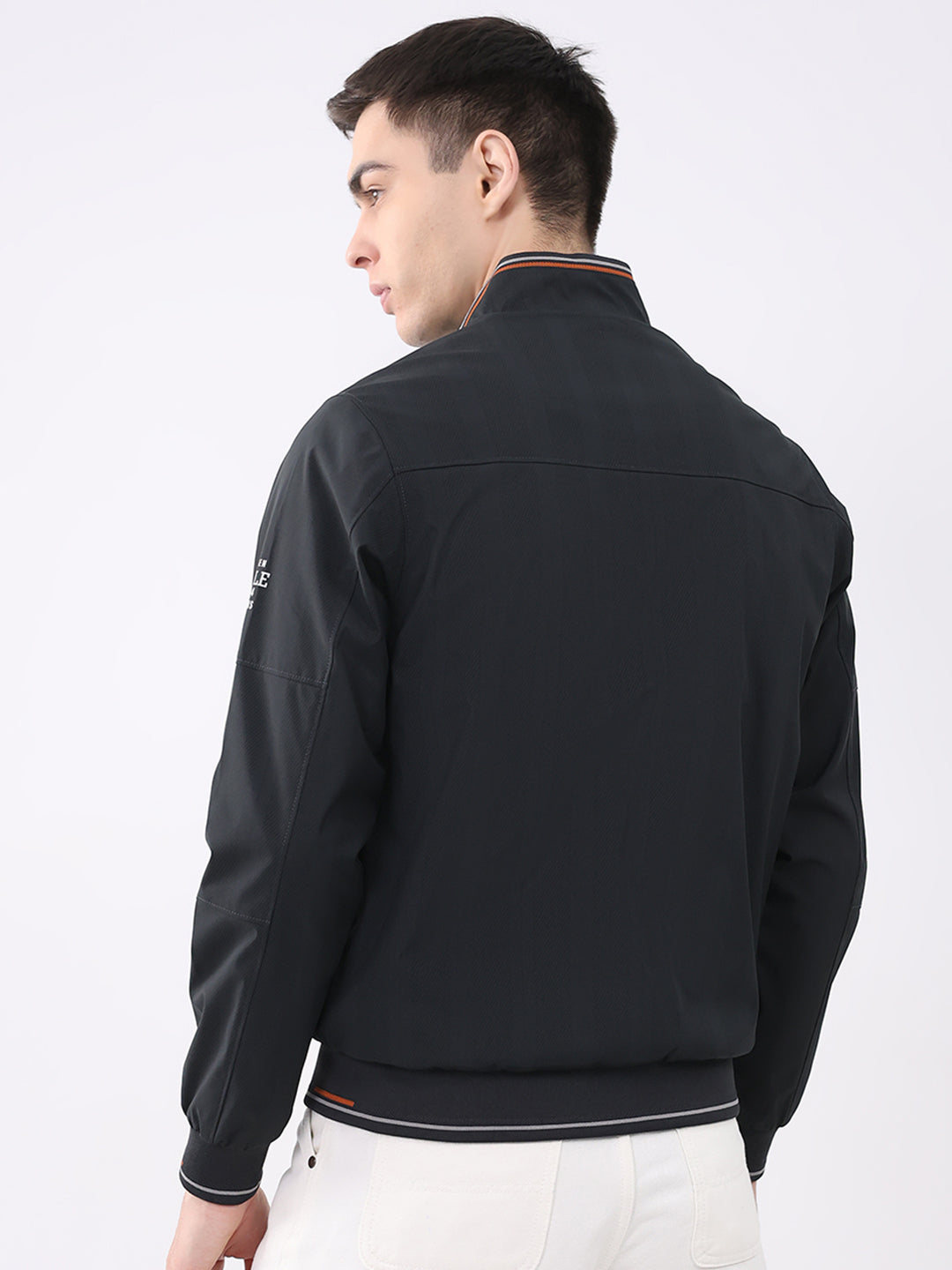 Men Black Solid Mock Neck Full Sleeve Jacket