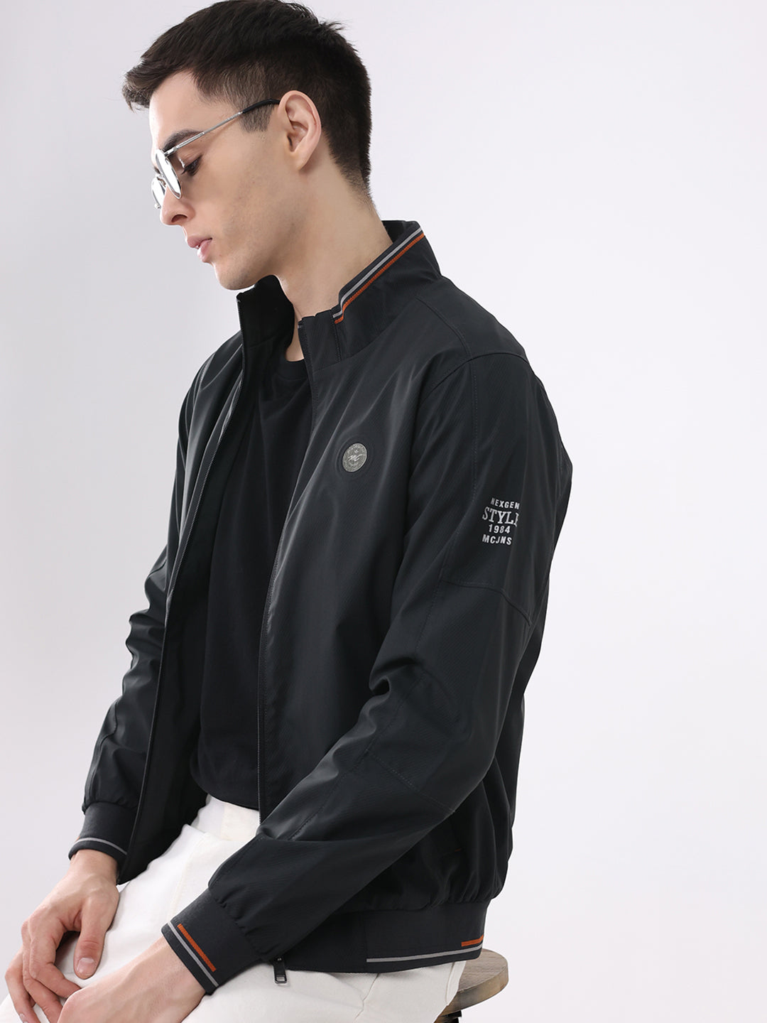 Men Black Solid Mock Neck Full Sleeve Jacket