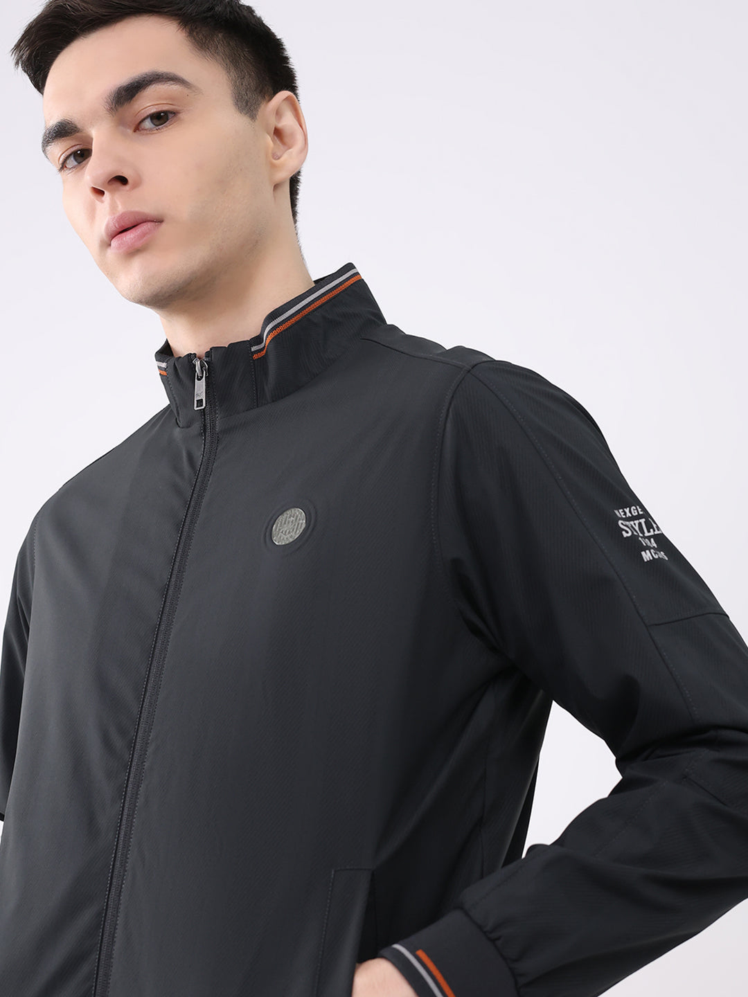Men Black Solid Mock Neck Full Sleeve Jacket