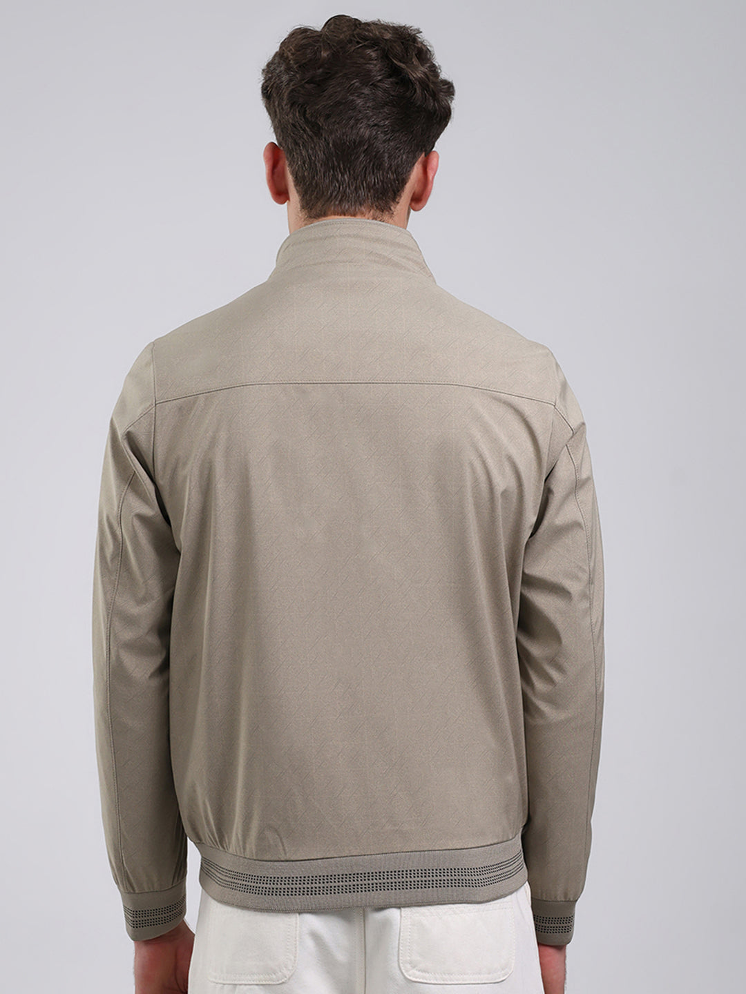 Men Beige Solid Stand Collar Full Sleeve Jacket