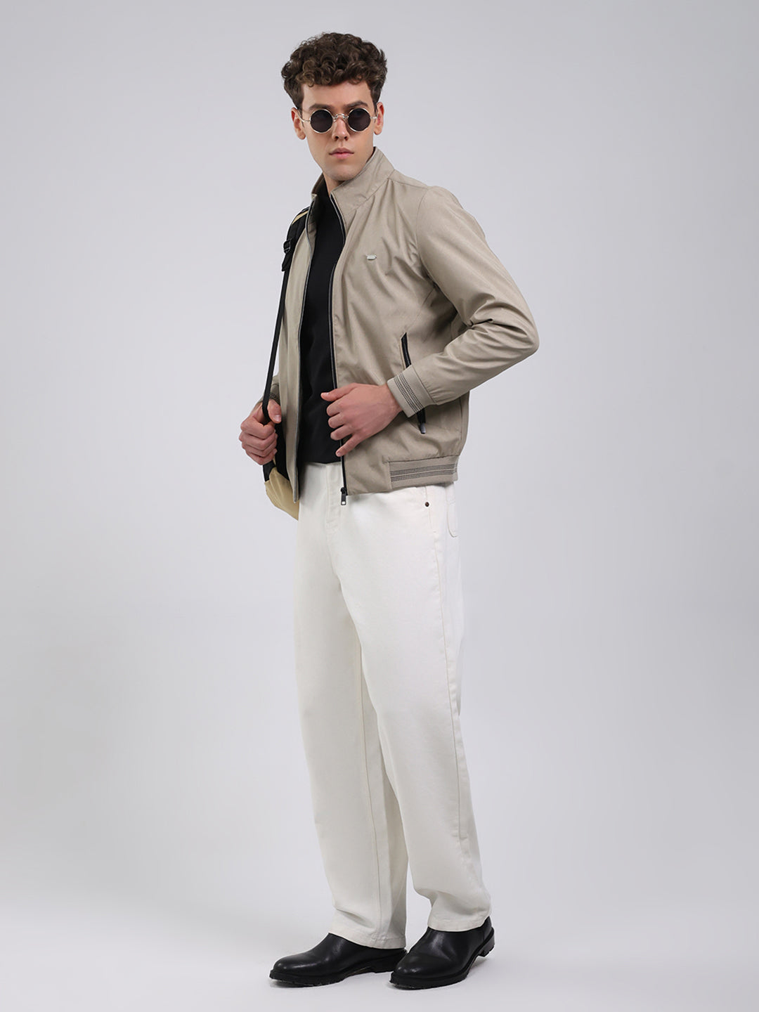 Men Beige Solid Stand Collar Full Sleeve Jacket