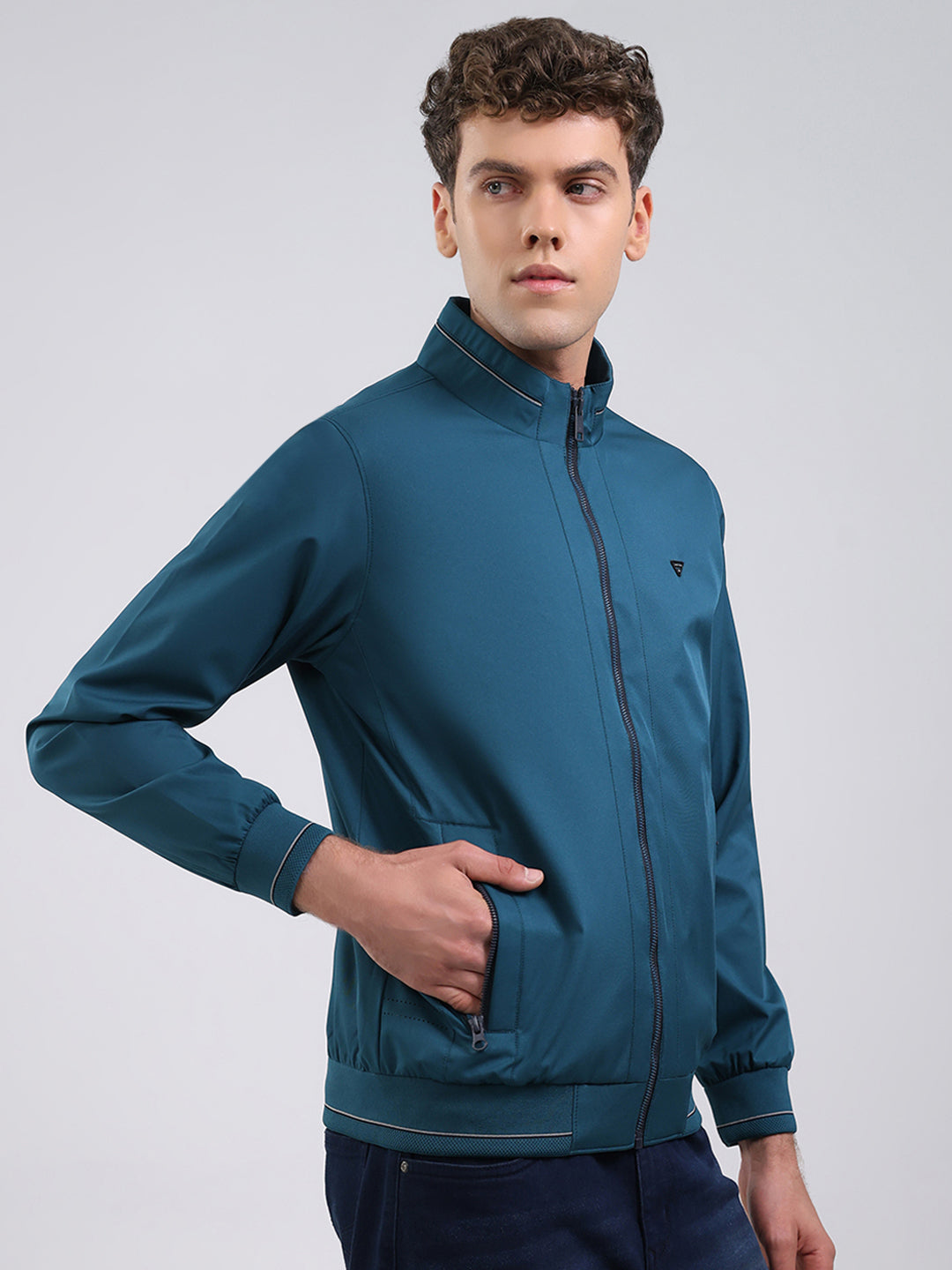 Men Teal Blue Solid Stand Collar Full Sleeve Jacket