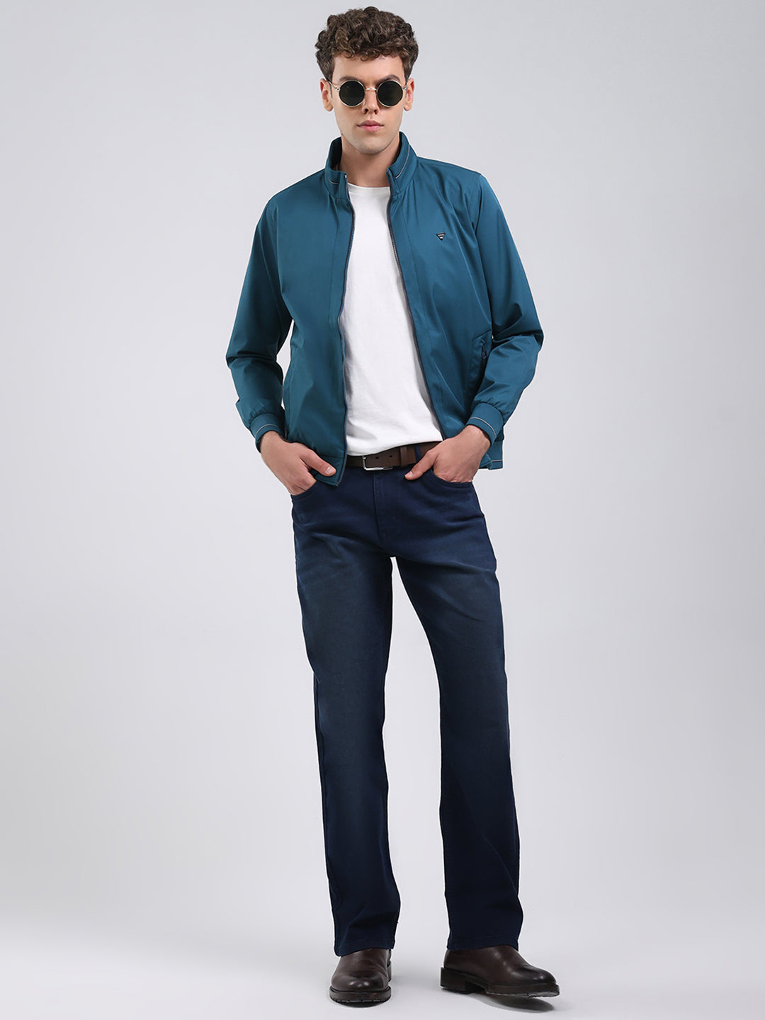 Men Teal Blue Solid Stand Collar Full Sleeve Jacket