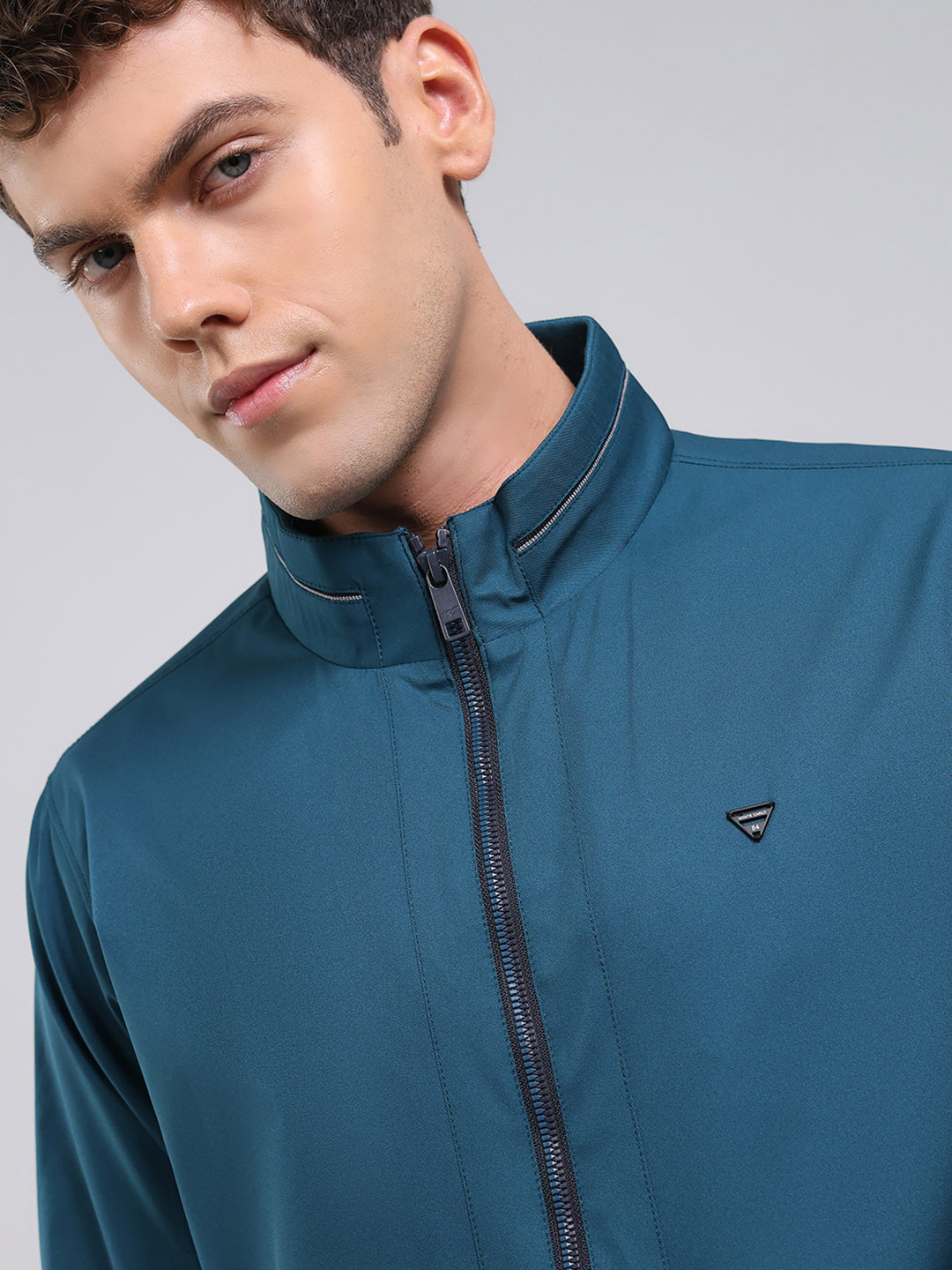 Men Teal Blue Solid Stand Collar Full Sleeve Jacket