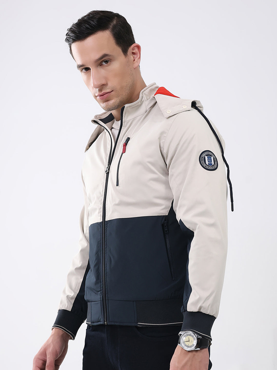 Men Cream & Navy Blue Solid Detachable Hood Full Sleeve Jacket
