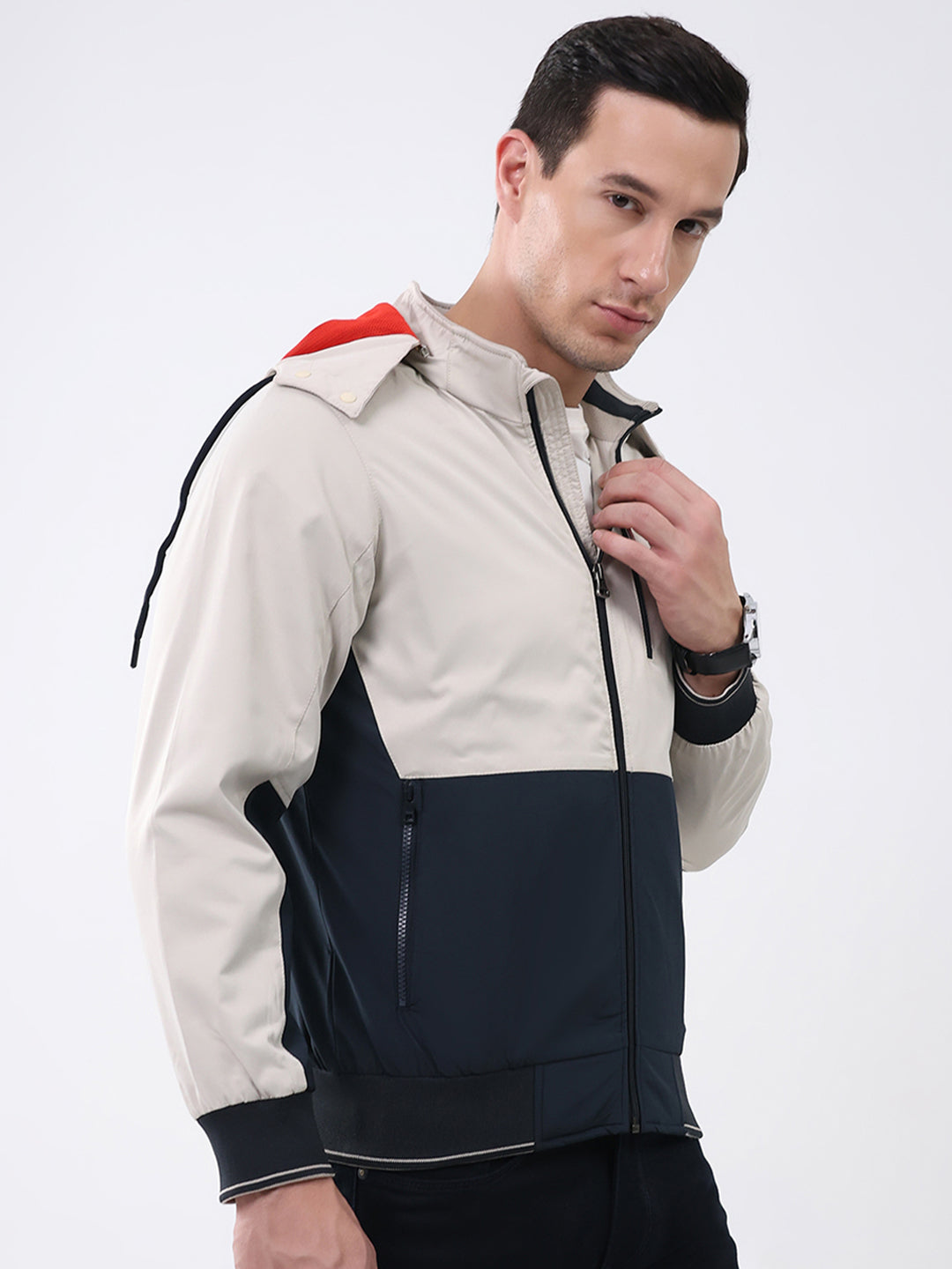 Men Cream & Navy Blue Solid Detachable Hood Full Sleeve Jacket