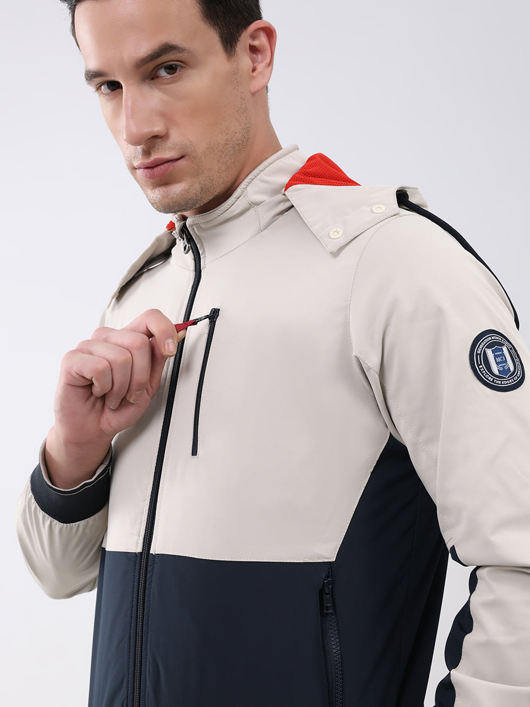 Men Cream & Navy Blue Solid Detachable Hood Full Sleeve Jacket