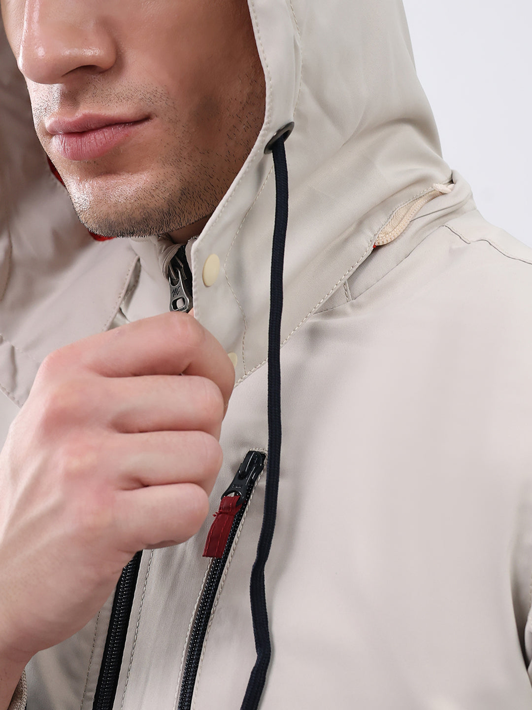 Men Cream & Navy Blue Solid Detachable Hood Full Sleeve Jacket