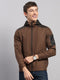 Men Brown Solid Hooded Full Sleeve Jacket