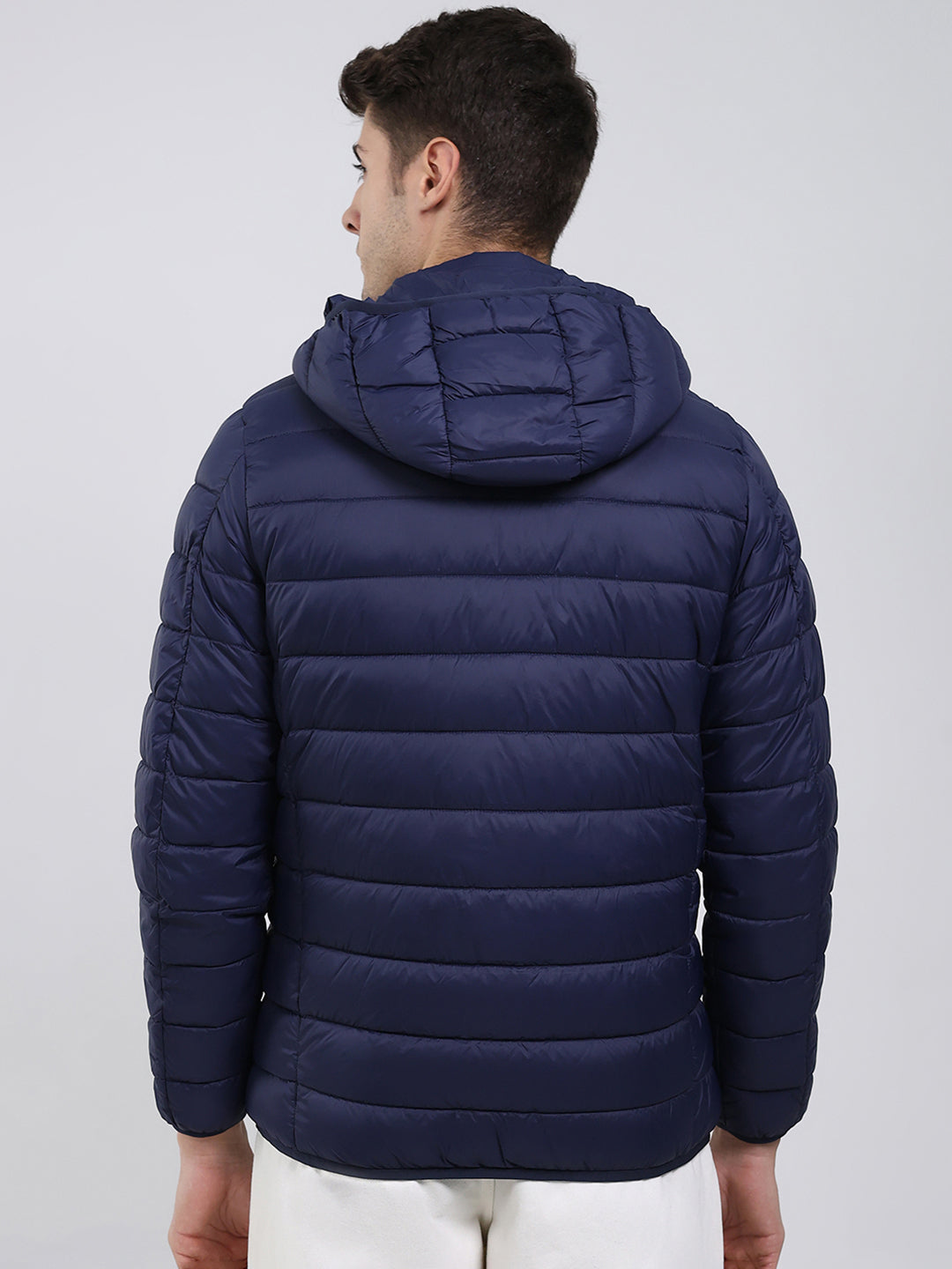 Men Navy Blue Solid Hooded Full Sleeve Heating Jacket
