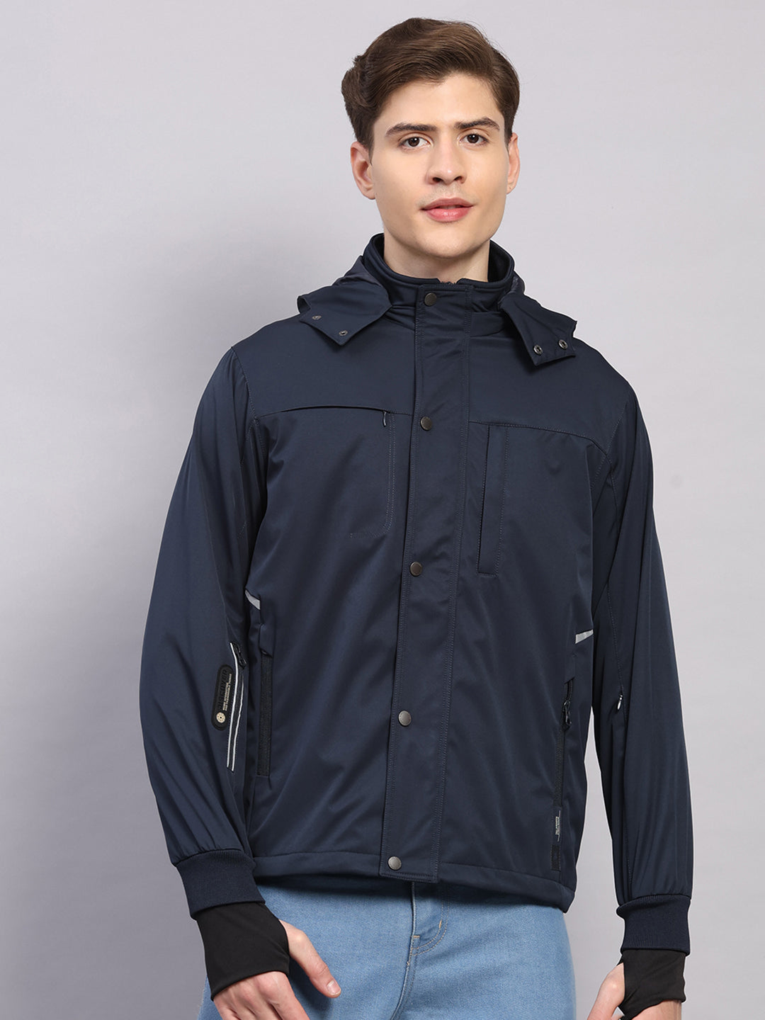Men Navy Blue Solid Hooded Traveller Jacket With Night Visibility Reflective Strip