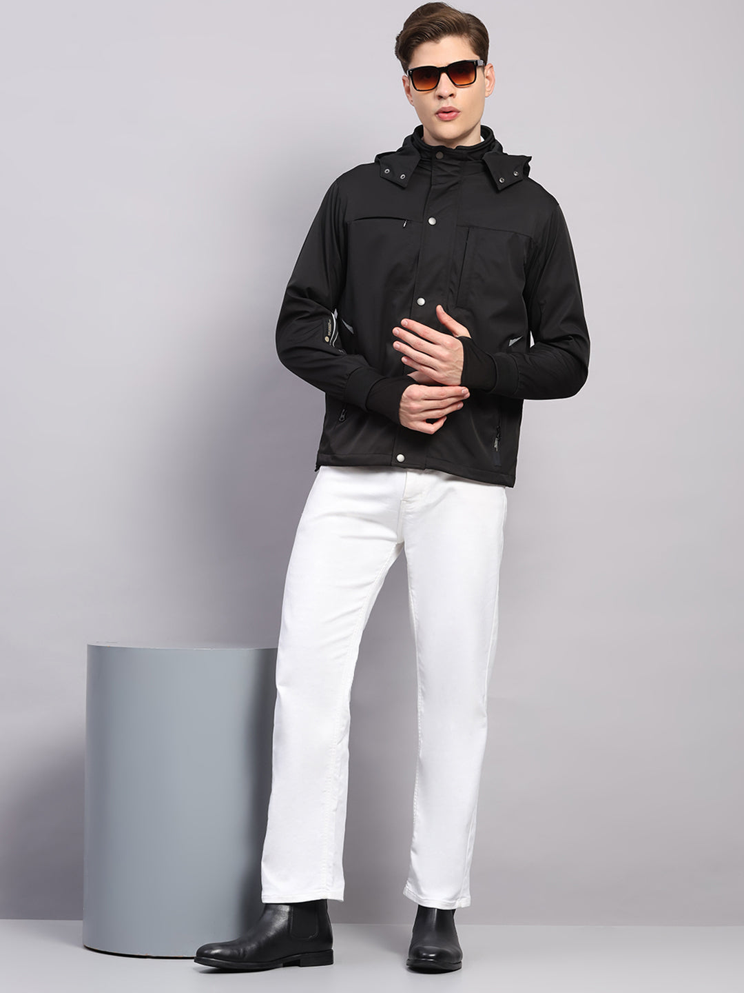 Men Black Solid Hooded Traveller Jacket With Night Visibility Reflective Strip