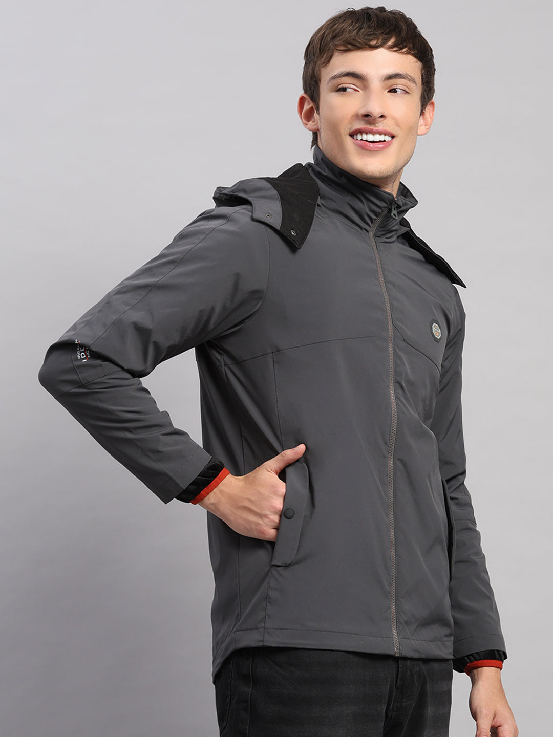 Men Grey Solid Hooded Full Sleeve Jacket